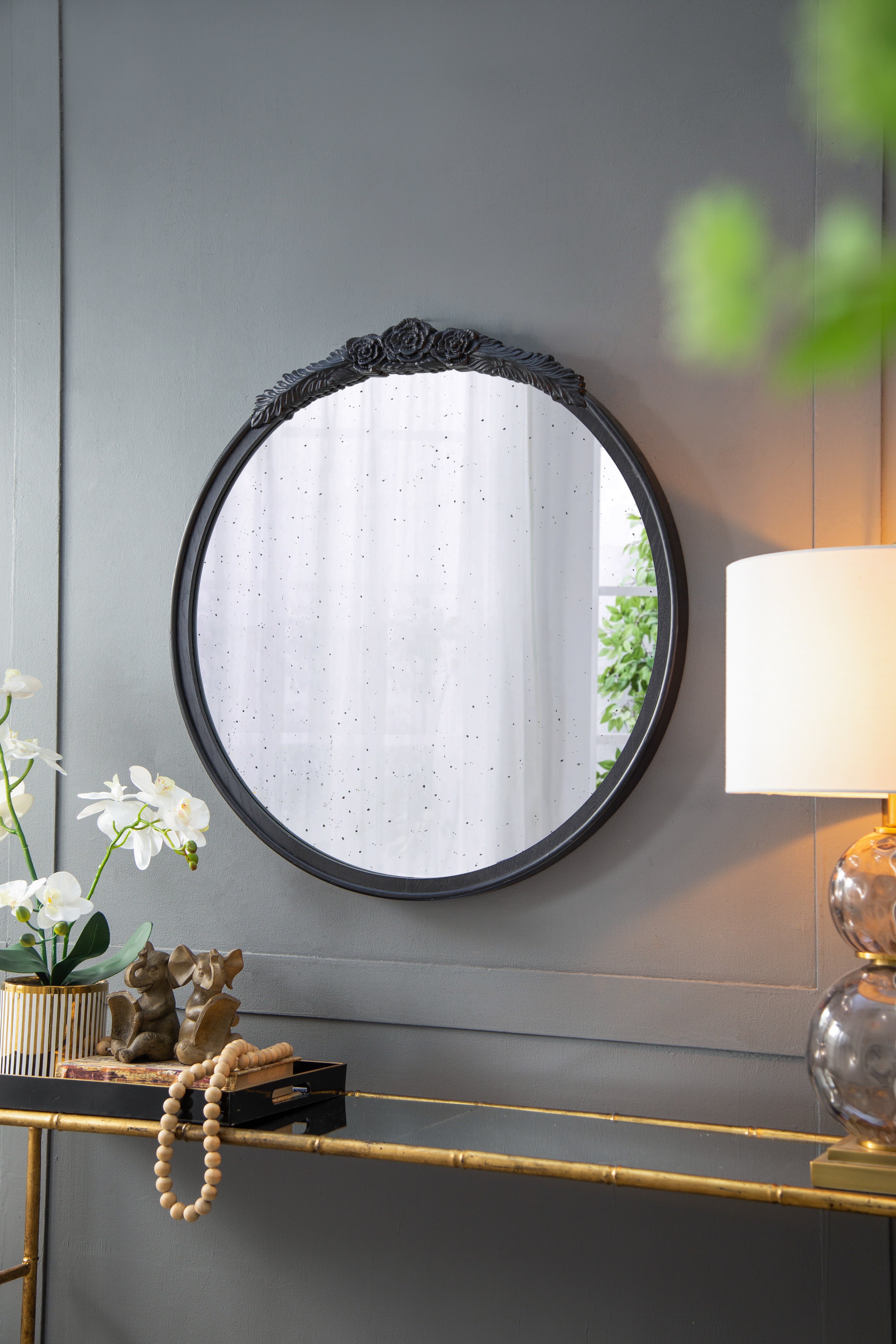 30"x30" Round Hand Carved Rose Antique Mirror Frame, Wall Mirror for Live space, Bathroom, Entryway Wall Décor(Black)