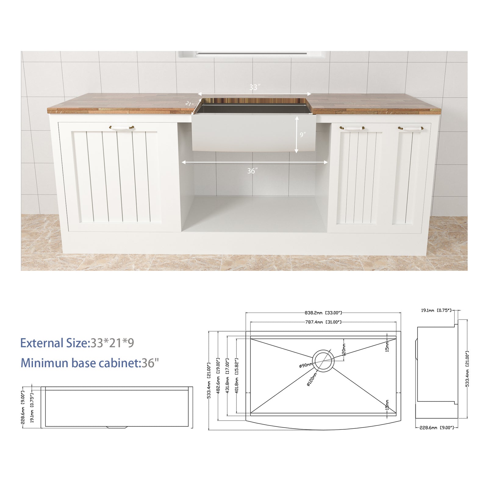 33 Farmhouse Sink Workstation - 33*21*9 Inch Kitchen Sink Stainless Steel 18 gauge Apron Front Kitchen Sink