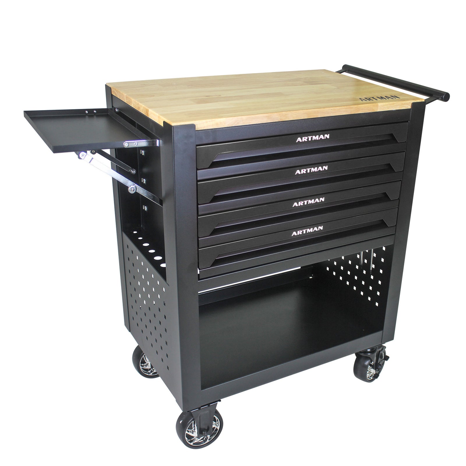 4 DRAWERS MULTIFUNCTIONAL TOOL CART WITH WHEELS AND WOODEN TOP-BLACK