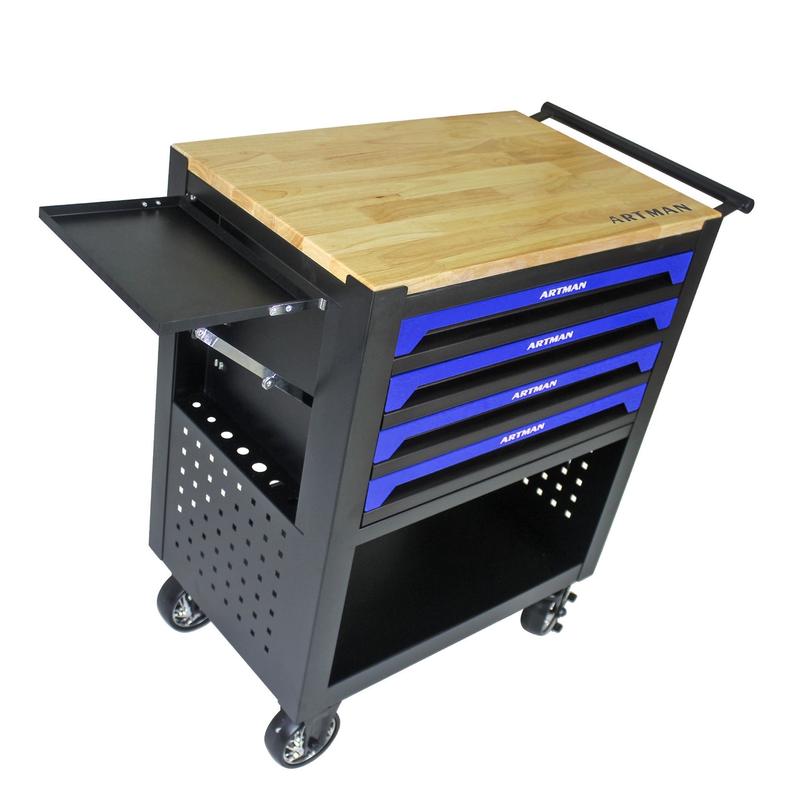 4 DRAWERS MULTIFUNCTIONAL TOOL CART WITH WHEELS AND WOODEN TOP-BLUE
