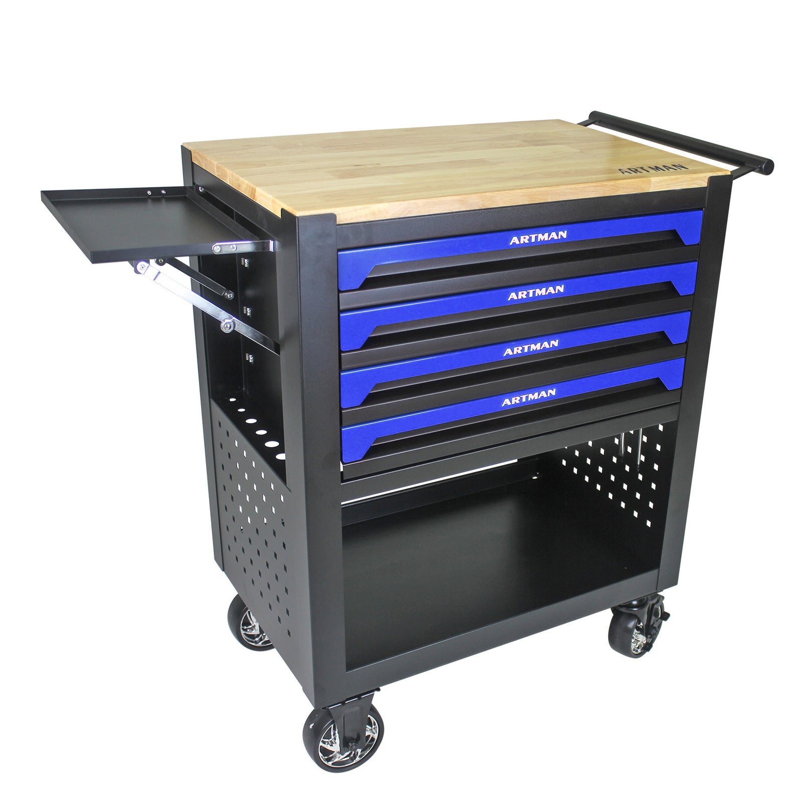 4 DRAWERS MULTIFUNCTIONAL TOOL CART WITH WHEELS AND WOODEN TOP-BLUE