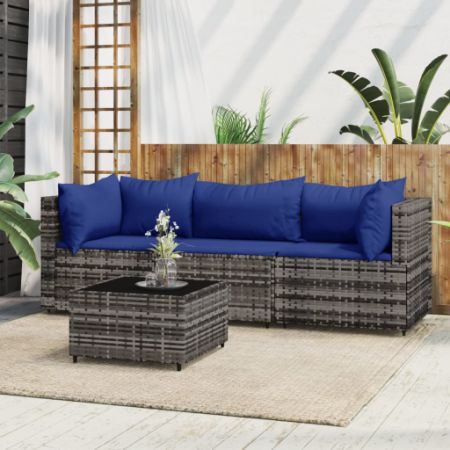 4 Piece Patio Lounge Set with Cushions Gray Poly Rattan