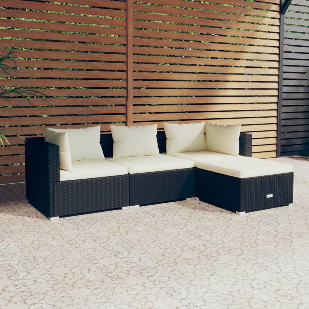 4 Piece Patio Lounge Set with Cushions Poly Rattan Black