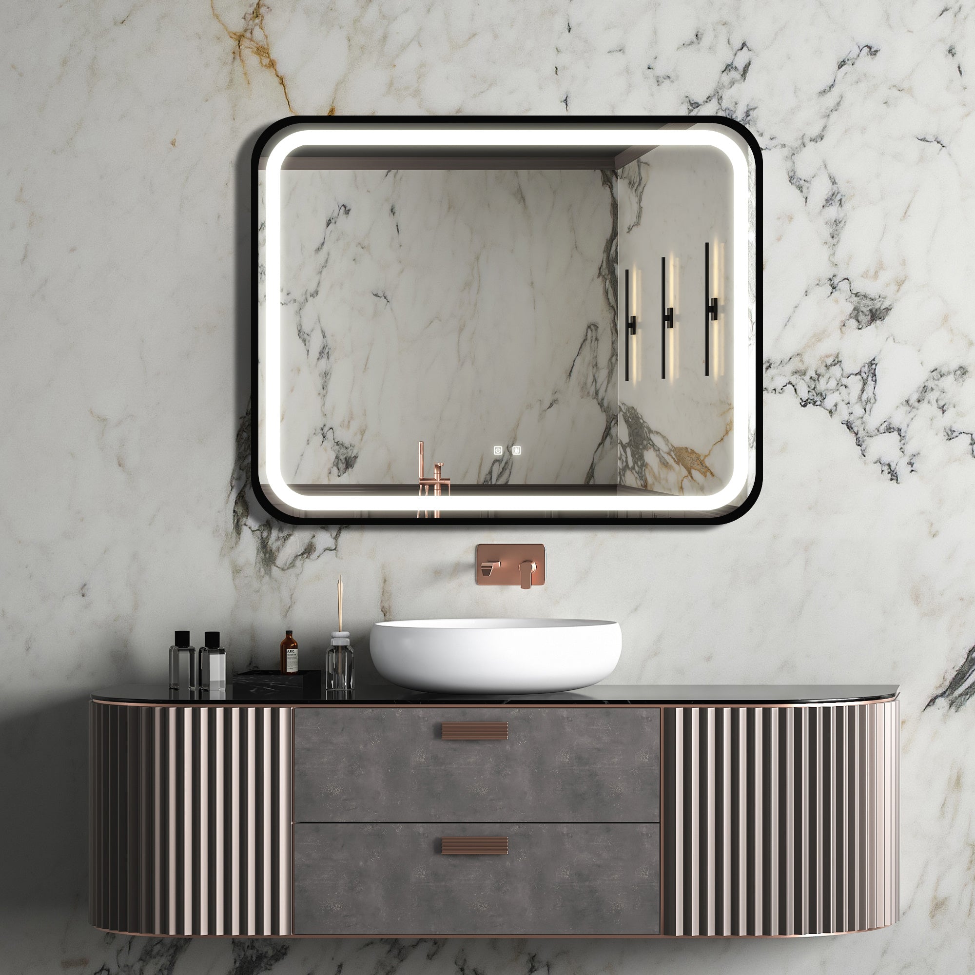 40X32 inch Bathroom Led Classy Vanity Mirror with High Lumen,Black metal frame,Dimmable Touch,Wall Switch Control, Anti-Fog ,CRI 95 Adjustable 3000K-4500K-6000K ,IP54 Waterproof Energy savin