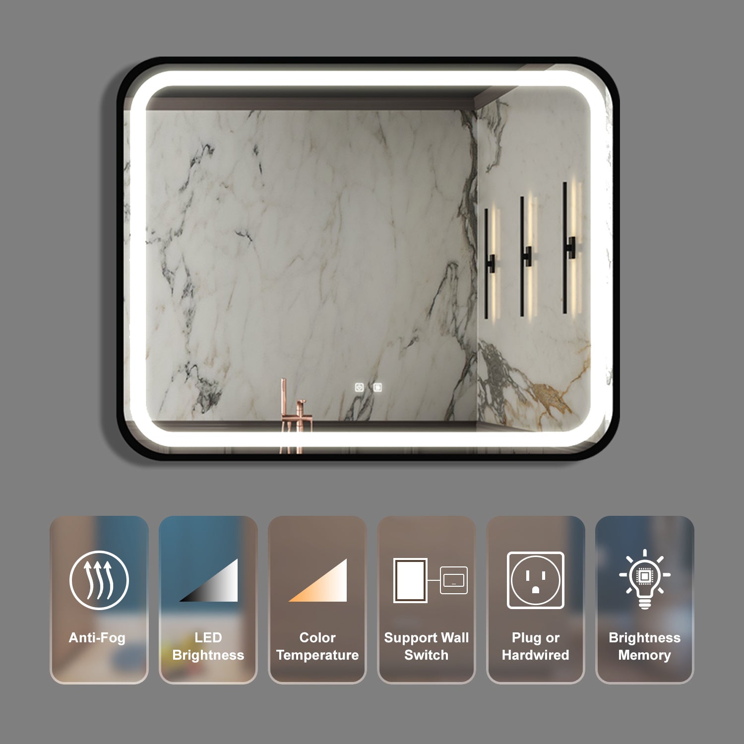 40X32 inch Bathroom Led Classy Vanity Mirror with High Lumen,Black metal frame,Dimmable Touch,Wall Switch Control, Anti-Fog ,CRI 95 Adjustable 3000K-4500K-6000K ,IP54 Waterproof Energy savin