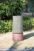 44" Tall Large Modern Cylinder Ribbed Tower Water Fountain With Rustic Base, Contemporary Antique Green Copper Finish Outdoor Bird Feeder / Bath Cement Fountain