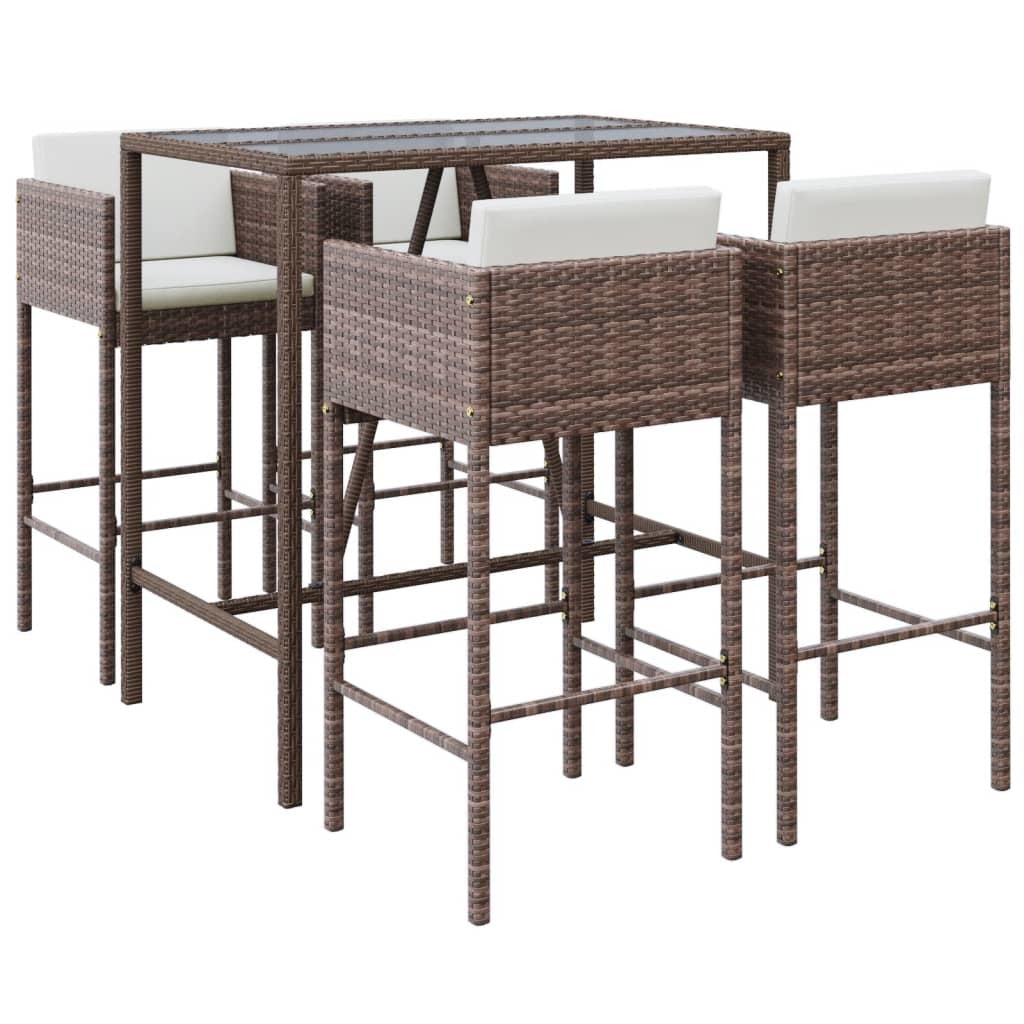 5 Piece Patio Bar Set with Cushions Brown Poly Rattan