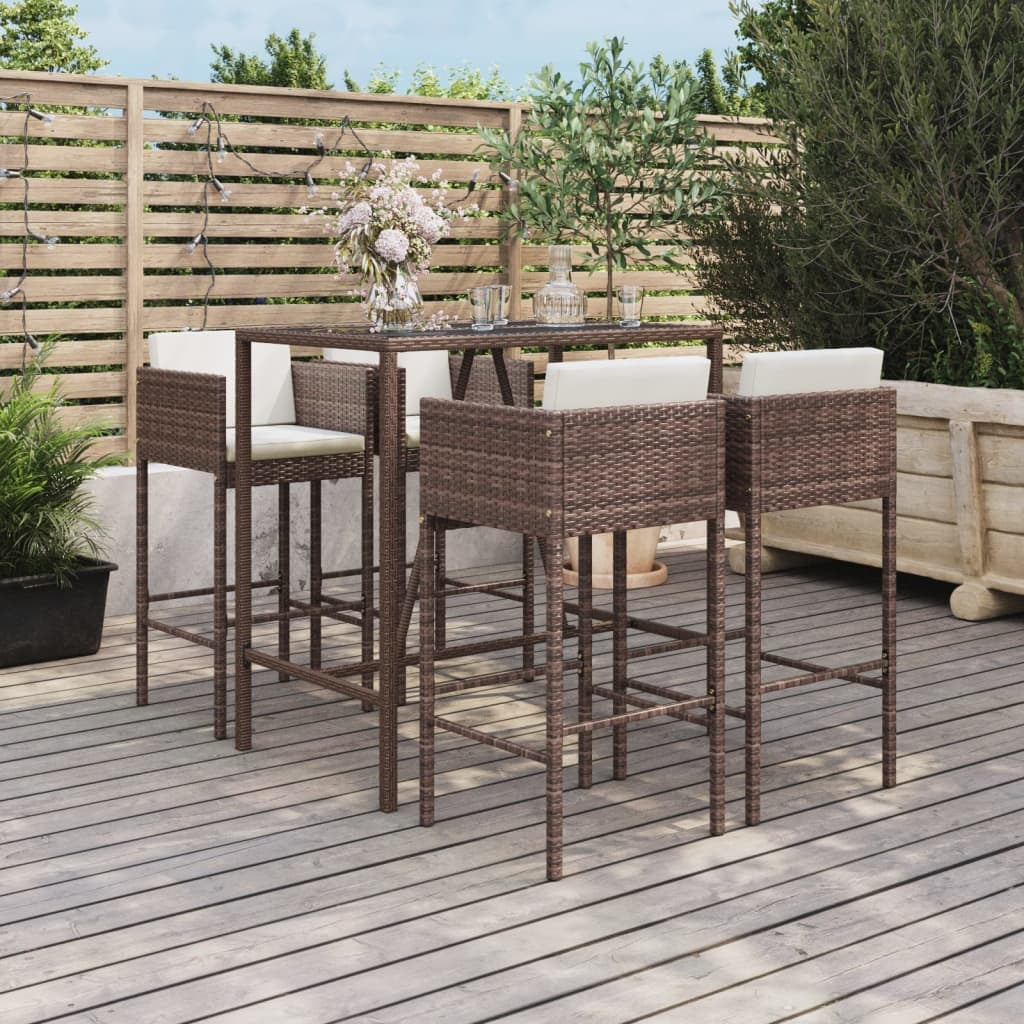 5 Piece Patio Bar Set with Cushions Brown Poly Rattan
