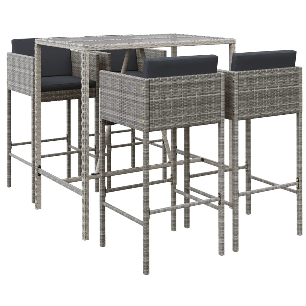 5 Piece Patio Bar Set with Cushions Gray Poly Rattan