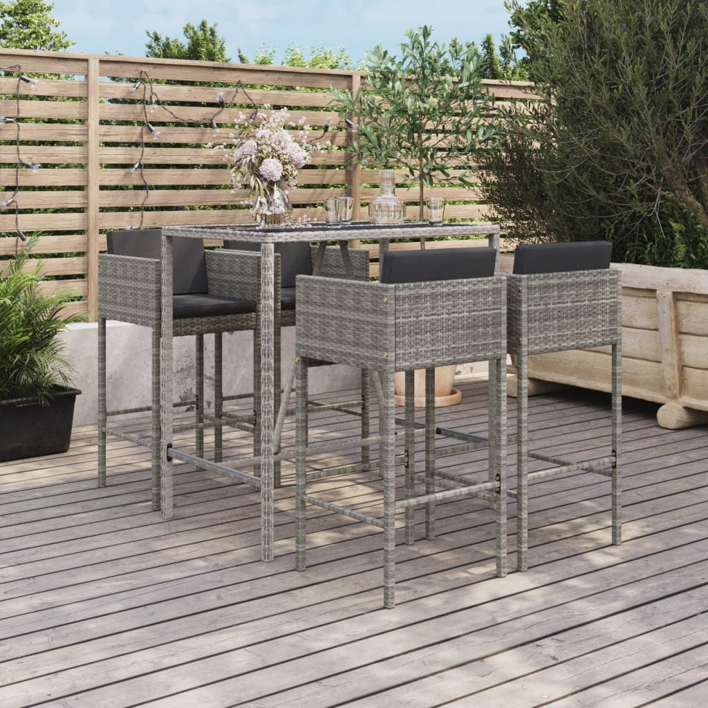 5 Piece Patio Bar Set with Cushions Gray Poly Rattan