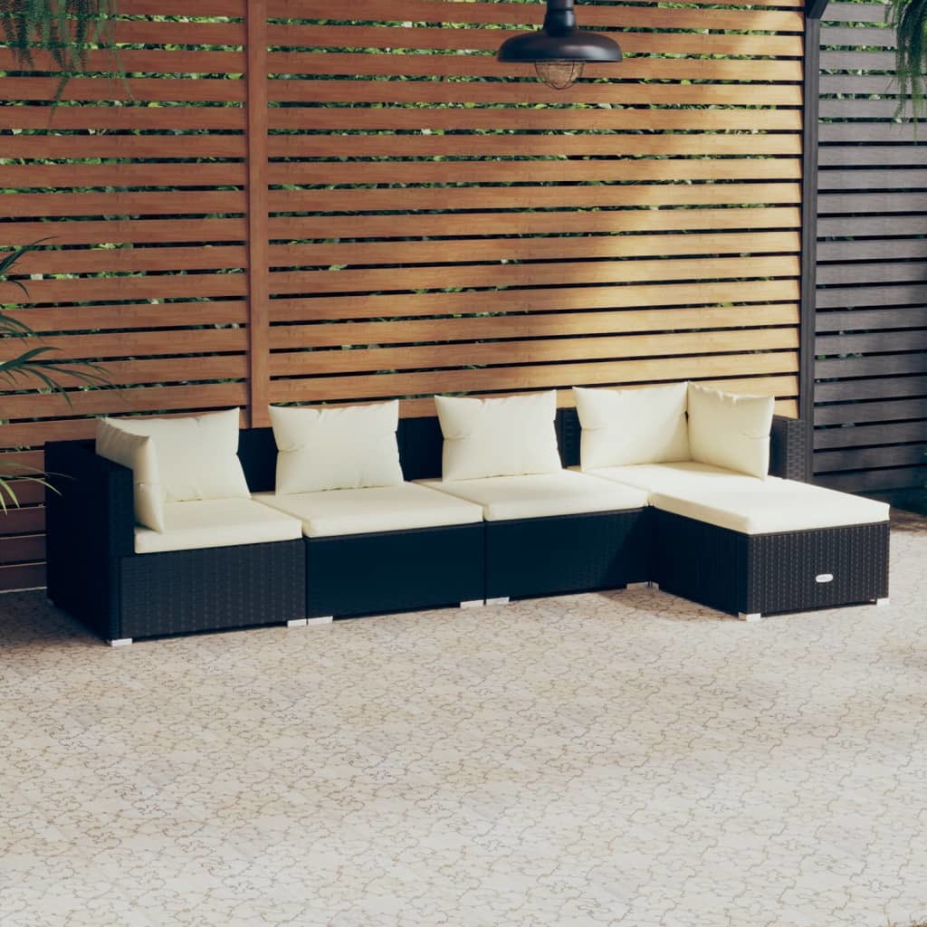 5 Piece Patio Lounge Set with Cushions Poly Rattan Black