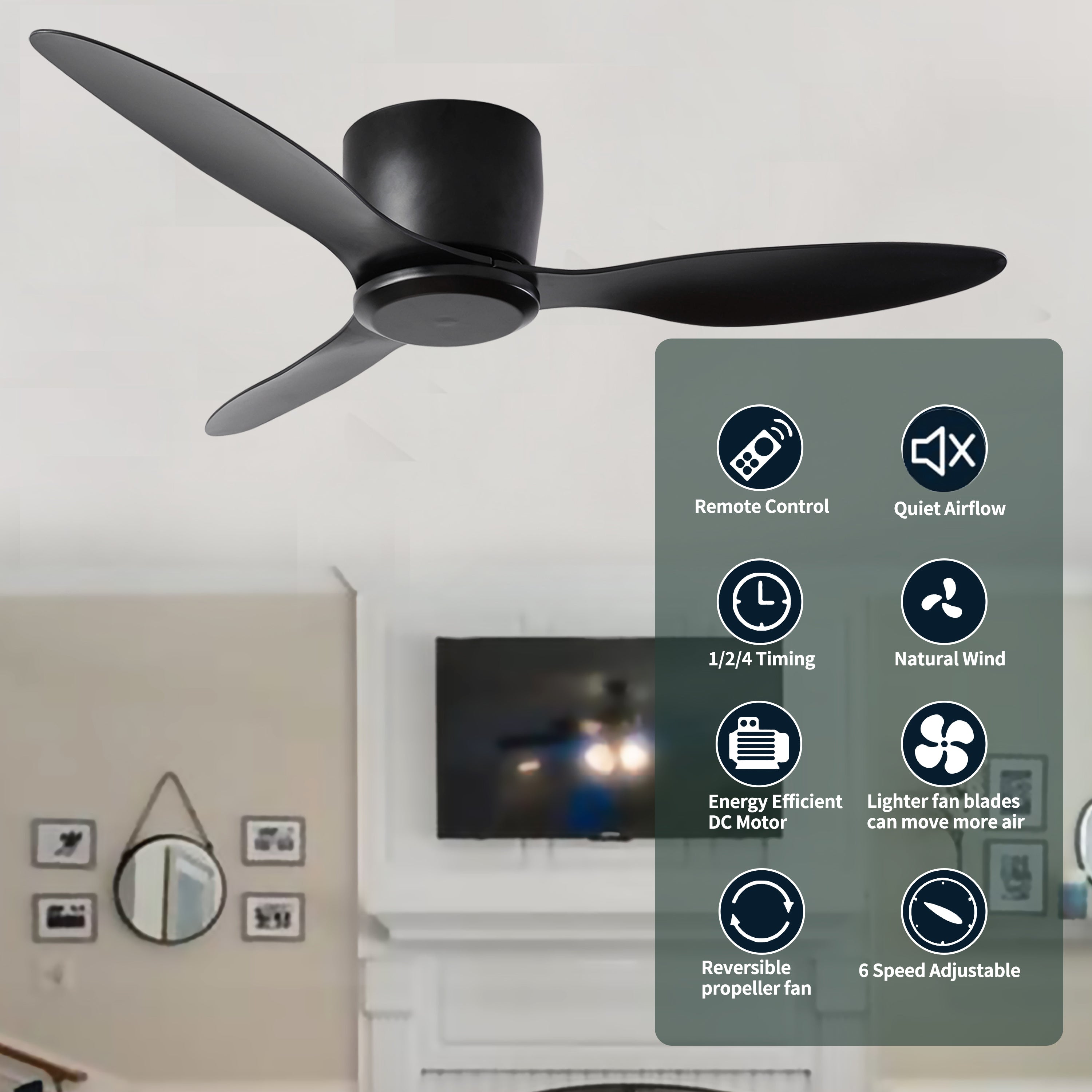 52" Flush Mount Ceiling Fan without light, 3 Reversible Blades, with 6 Speeds Reversible DC Motor,Low Profile Ceiling Fan with no light for Living Room Kitchen Bedroom