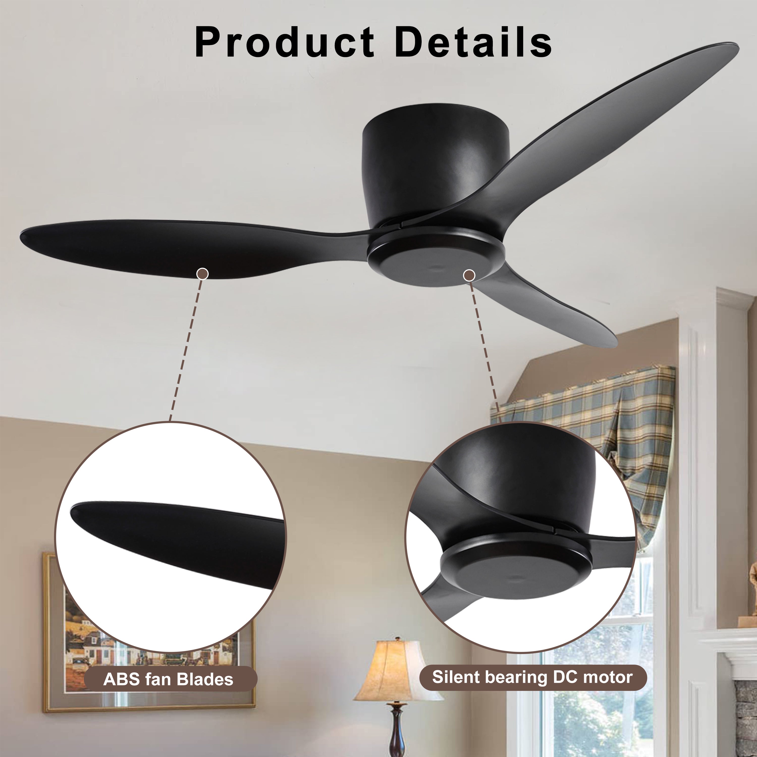 52" Flush Mount Ceiling Fan without light, 3 Reversible Blades, with 6 Speeds Reversible DC Motor,Low Profile Ceiling Fan with no light for Living Room Kitchen Bedroom