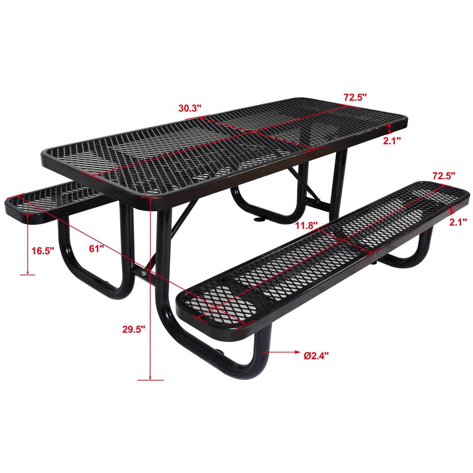 6 ft. Rectangular Outdoor Steel Picnic Table ,BLACK with umbrella pole
