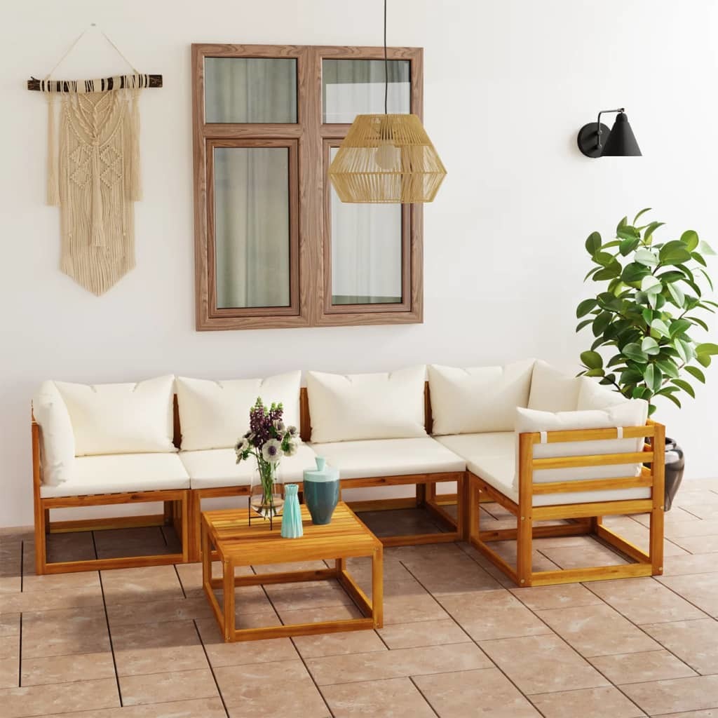 6 Piece Patio Lounge Set with Cushion Cream Solid Acacia Wood - WoodPoly.com