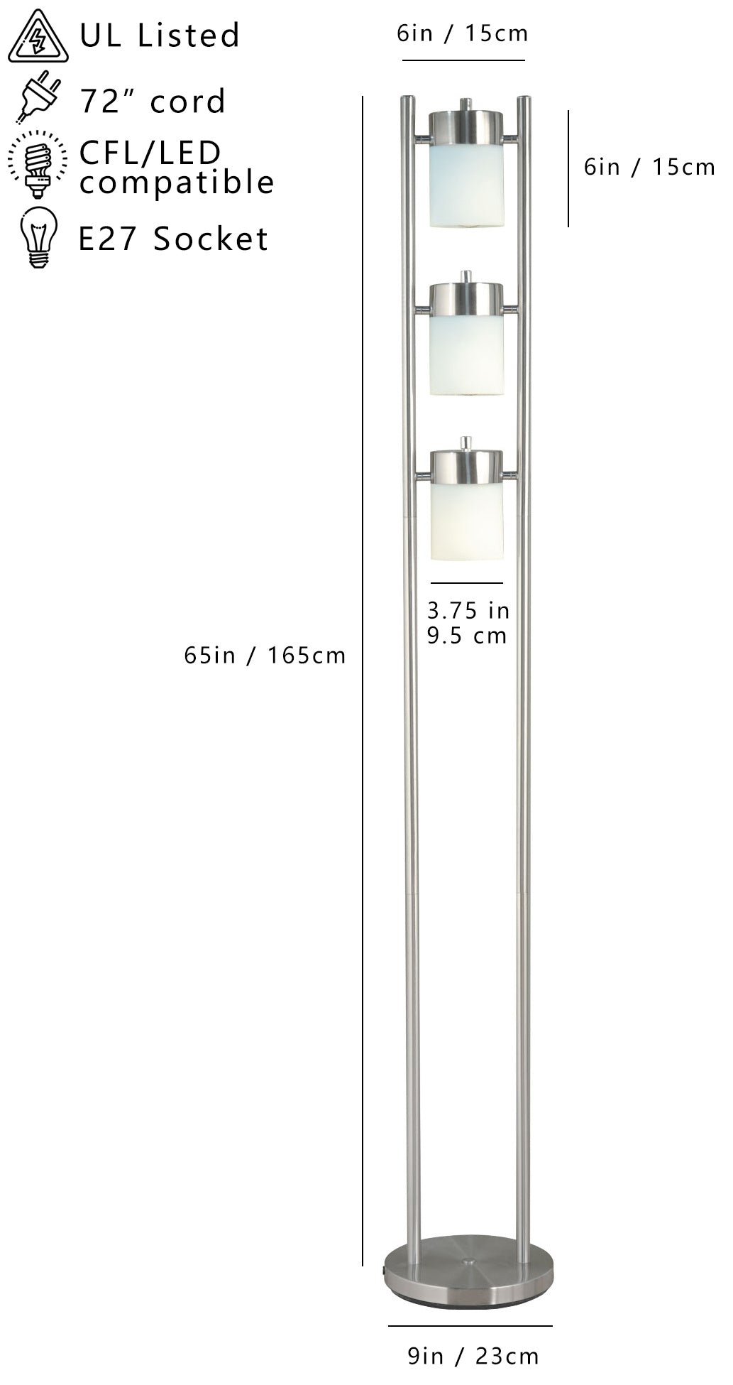 65"H 3-WHITE-HEAD WITH TWO WAY ADJUSTABLE FLOOR LAMP (1 PC/CTN/ 1.10 Cu Ft/12.32 G.W. lbs)