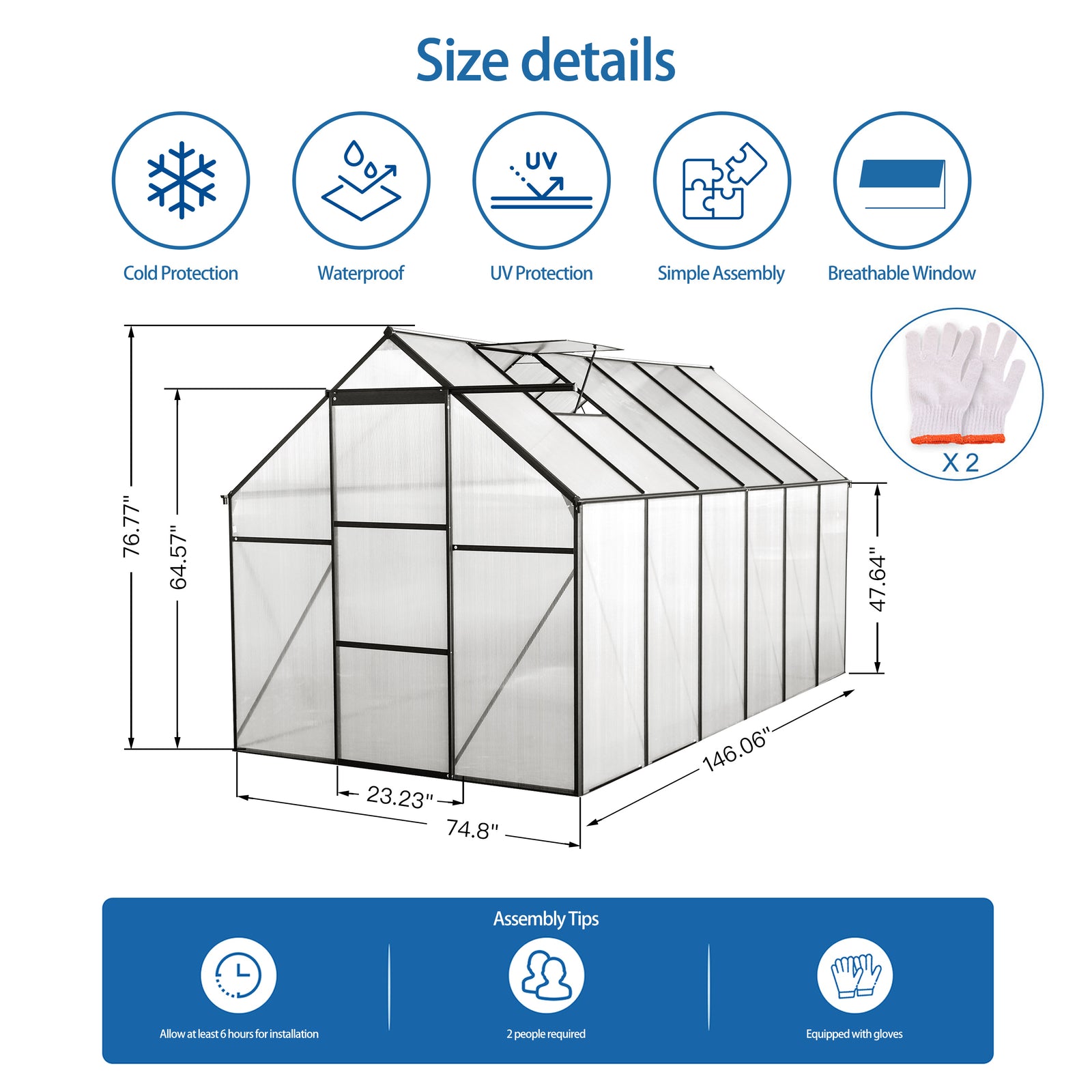 6x12 FT Polycarbonate Greenhouse Raised Base and Anchor Aluminum Heavy Duty Walk-in Greenhouses for Outdoor Backyard in All Season,Black