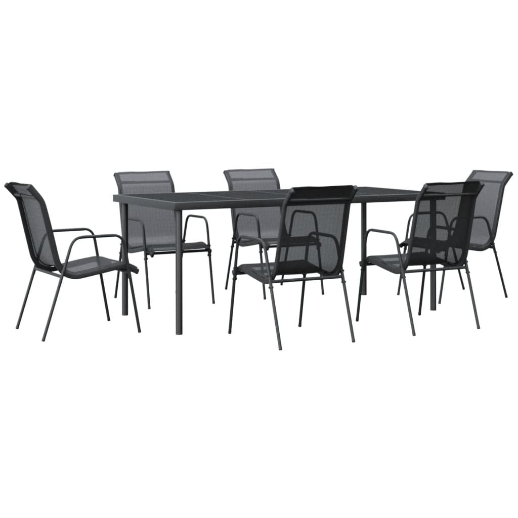 7 Piece Patio Dining Set Black Steel and Textilene