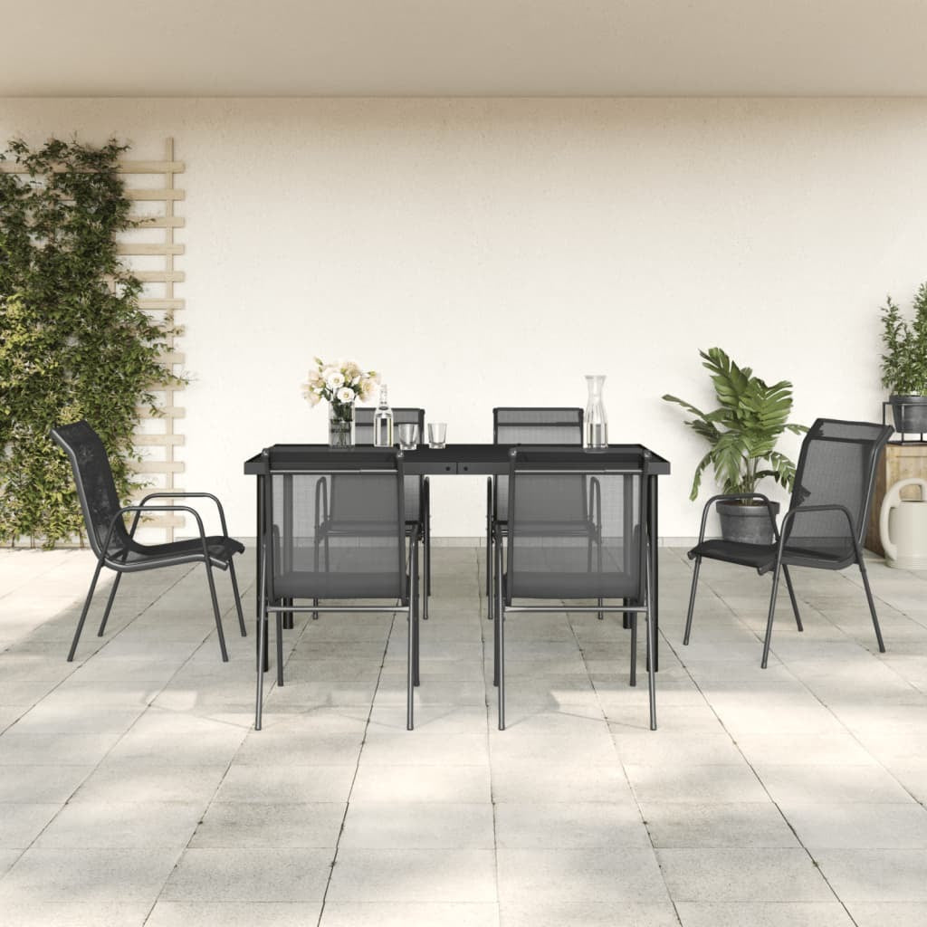 7 Piece Patio Dining Set Black Steel and Textilene
