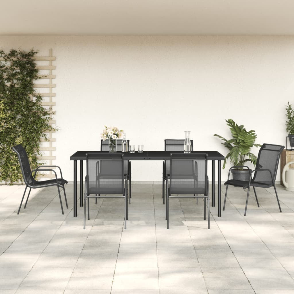 7 Piece Patio Dining Set Black Steel and Textilene