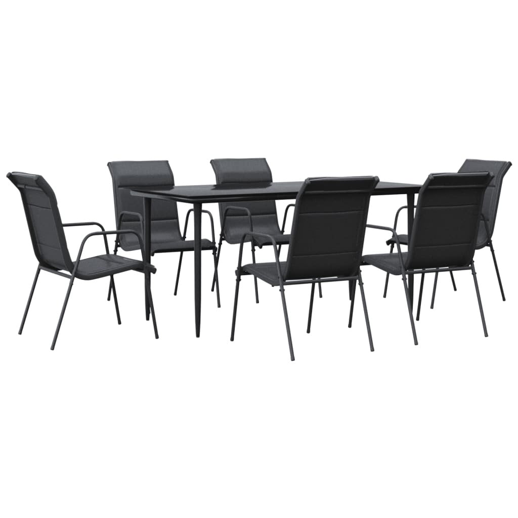 7 Piece Patio Dining Set Black Steel and Textilene