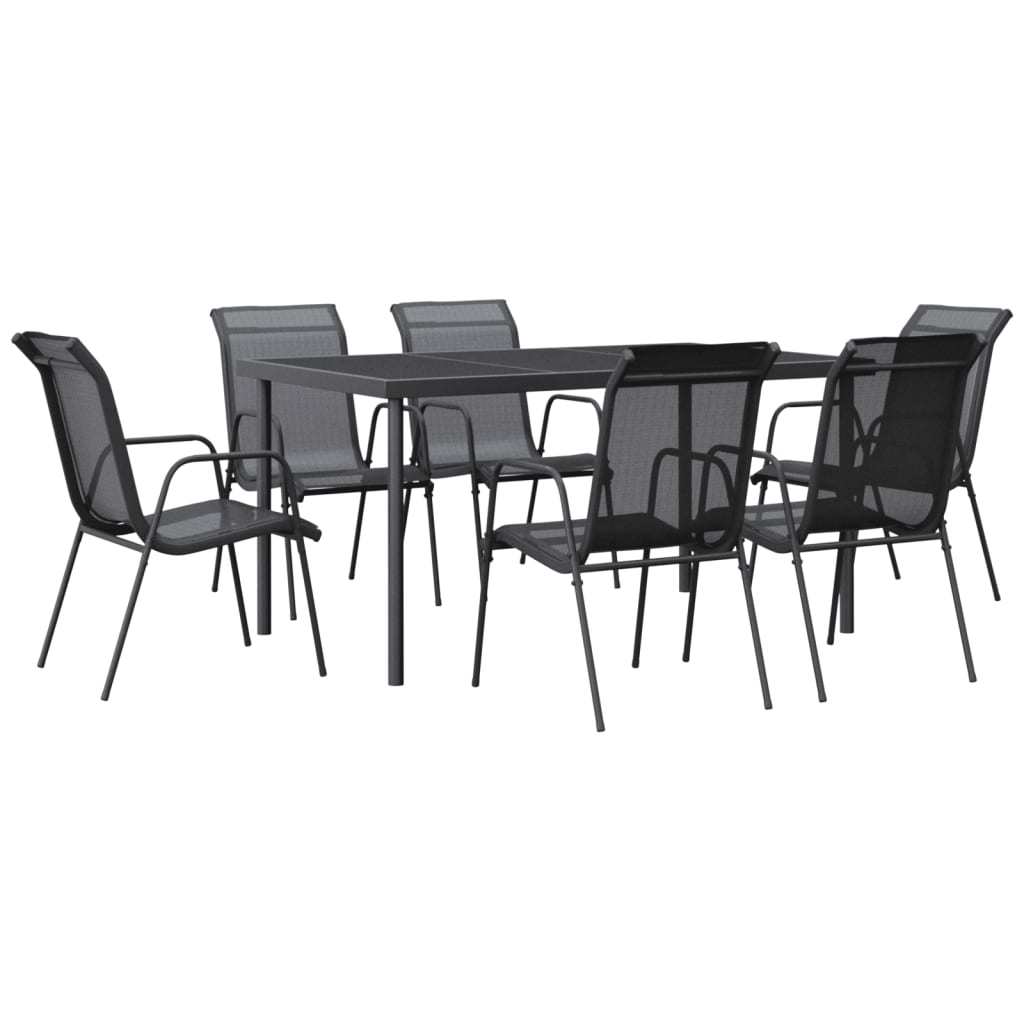 7 Piece Patio Dining Set Black Steel and Textilene