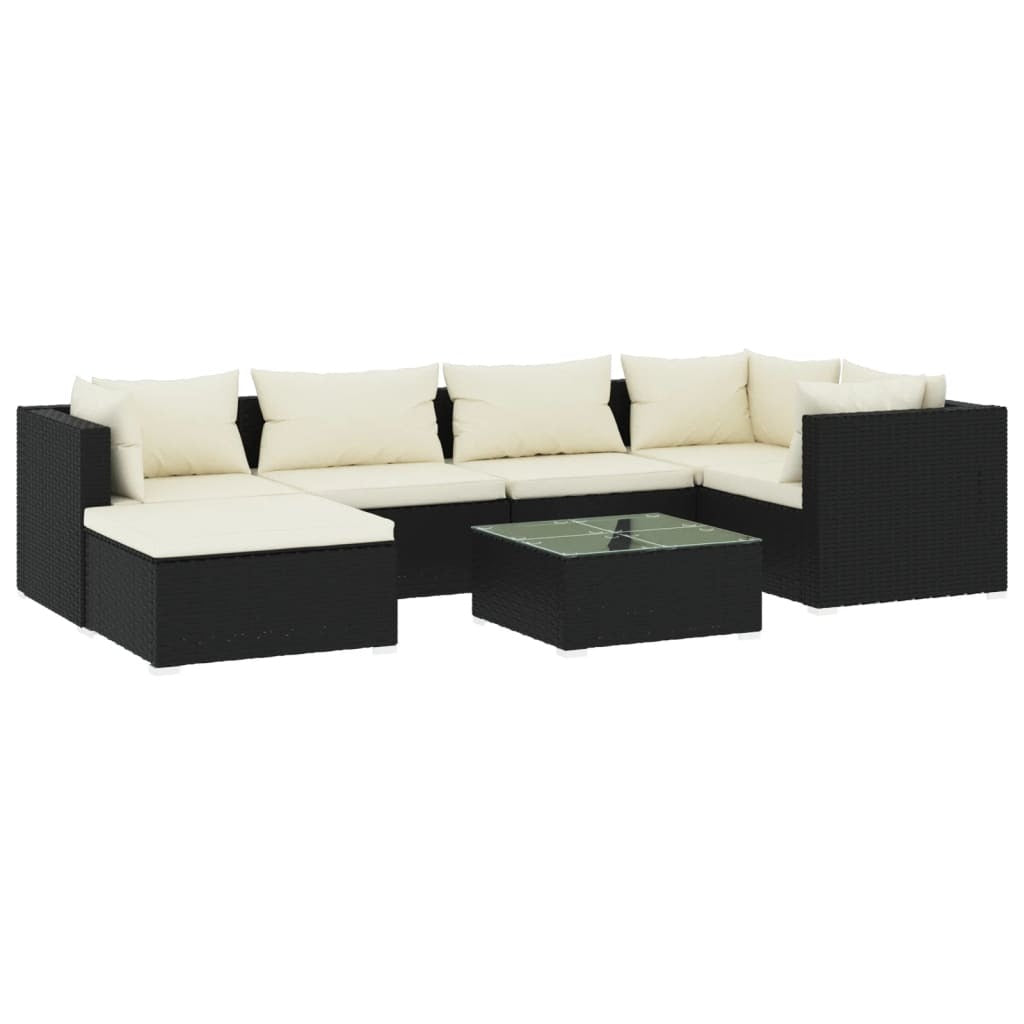 7 Piece Patio Lounge Set with Cushions Poly Rattan Black