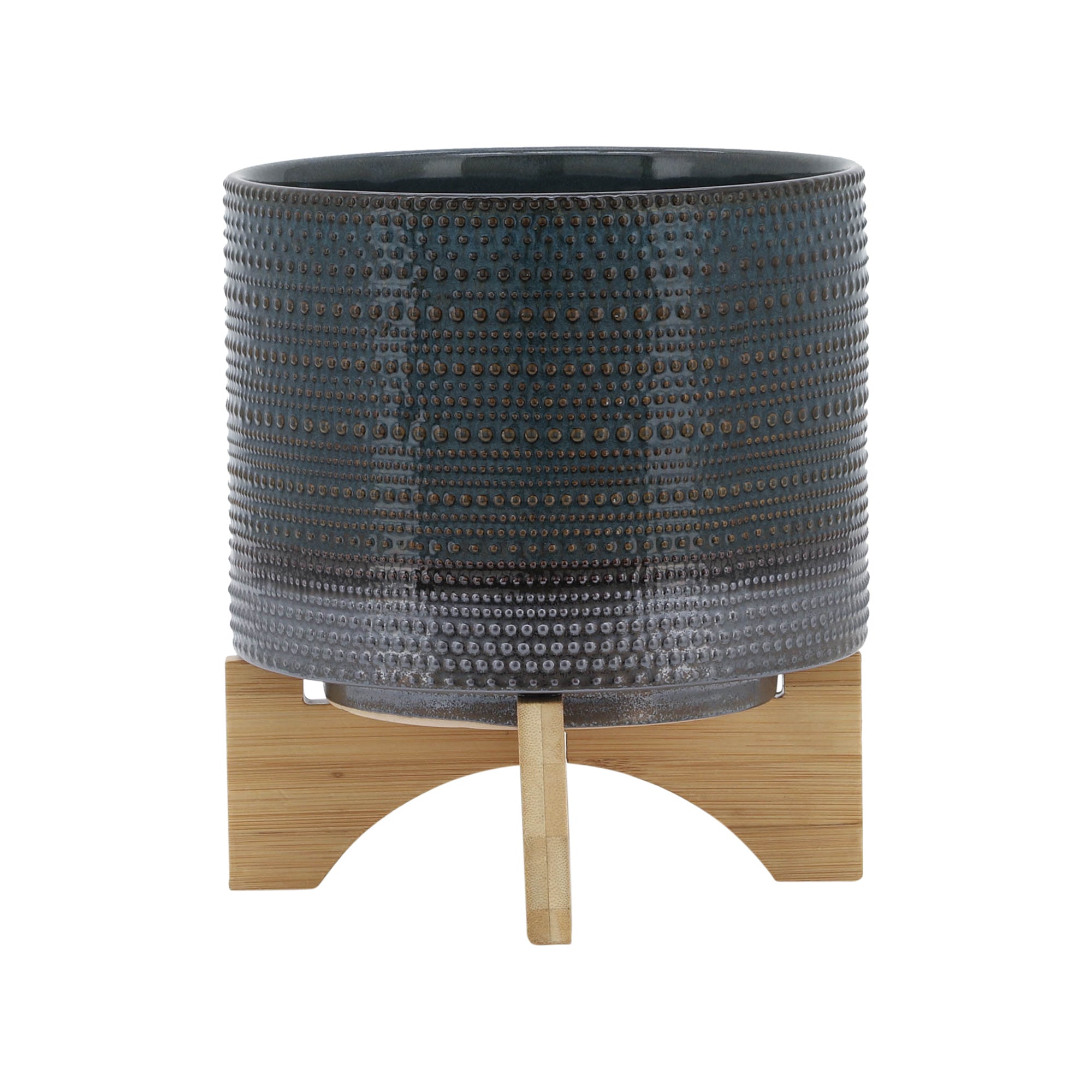 8" DOTTED PLANTER W/ WOOD STAND, GREEN