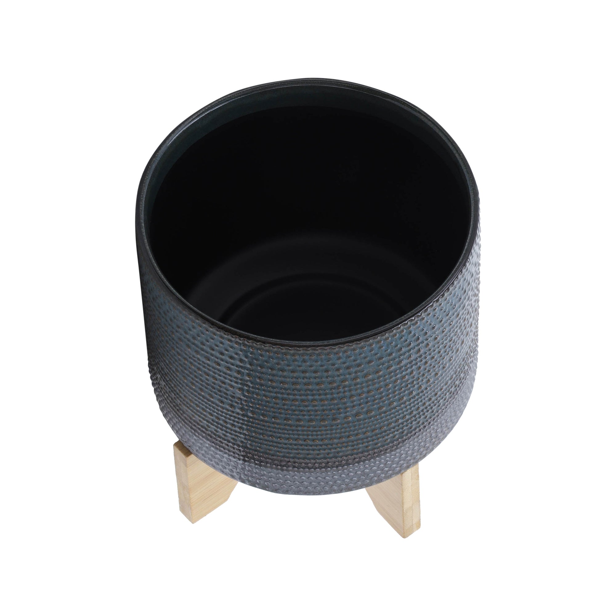 8" DOTTED PLANTER W/ WOOD STAND, GREEN