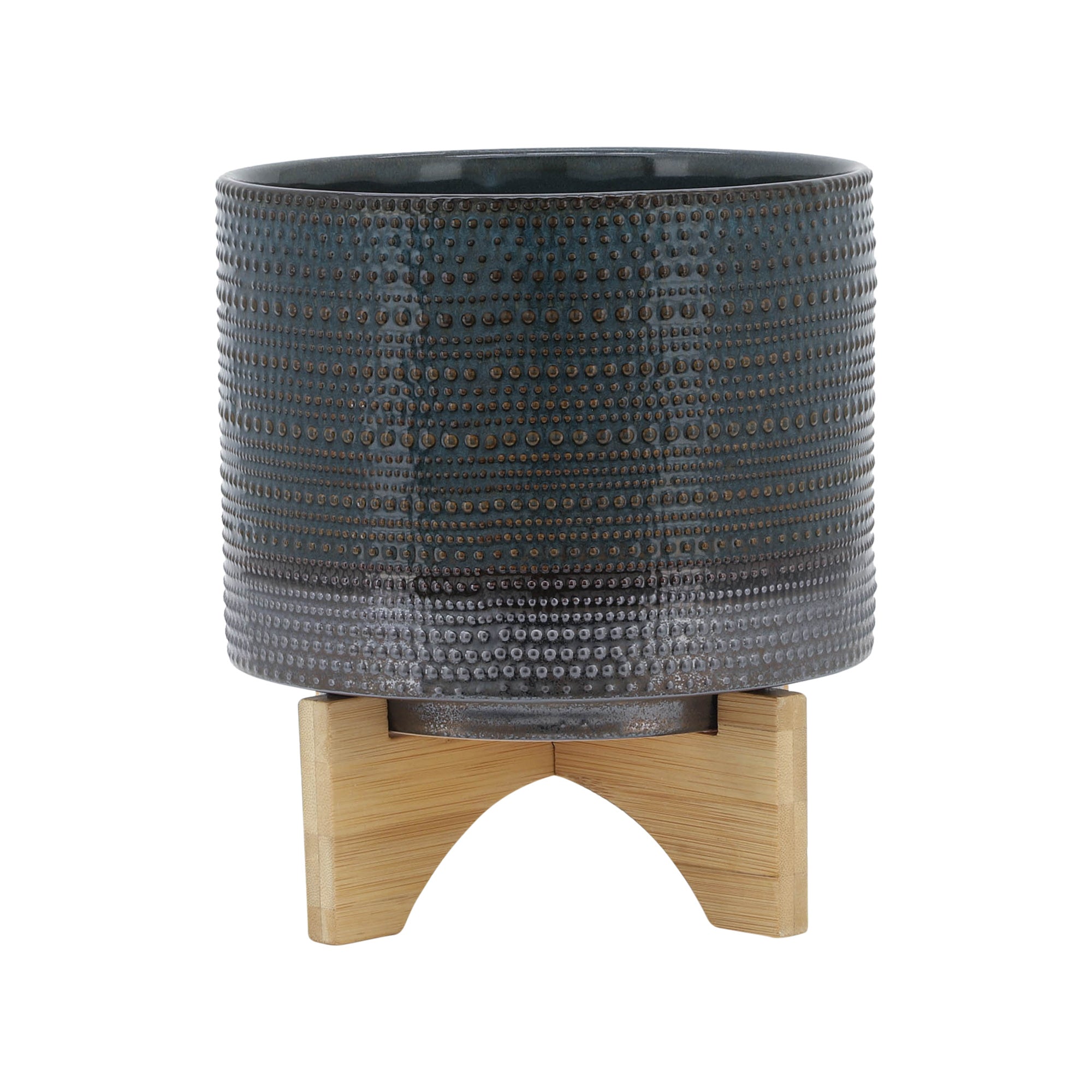 8" DOTTED PLANTER W/ WOOD STAND, GREEN