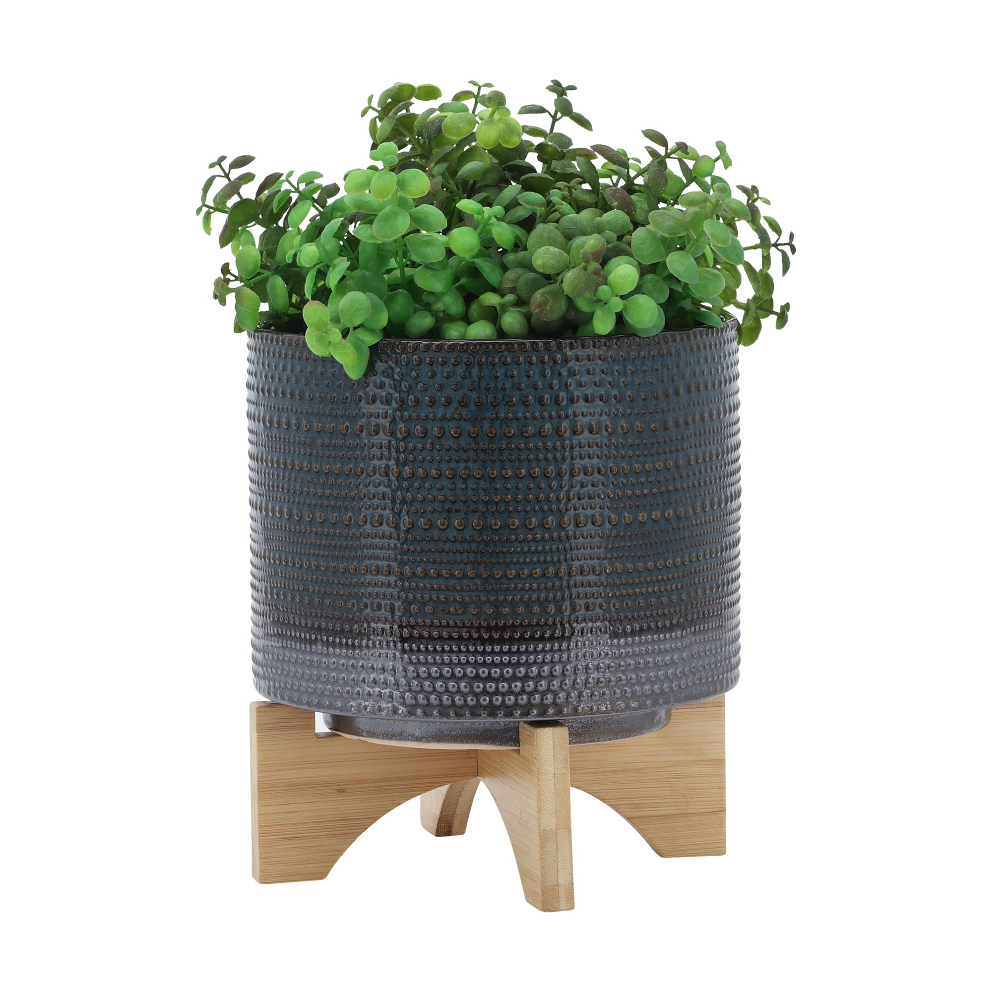 8" DOTTED PLANTER W/ WOOD STAND, GREEN