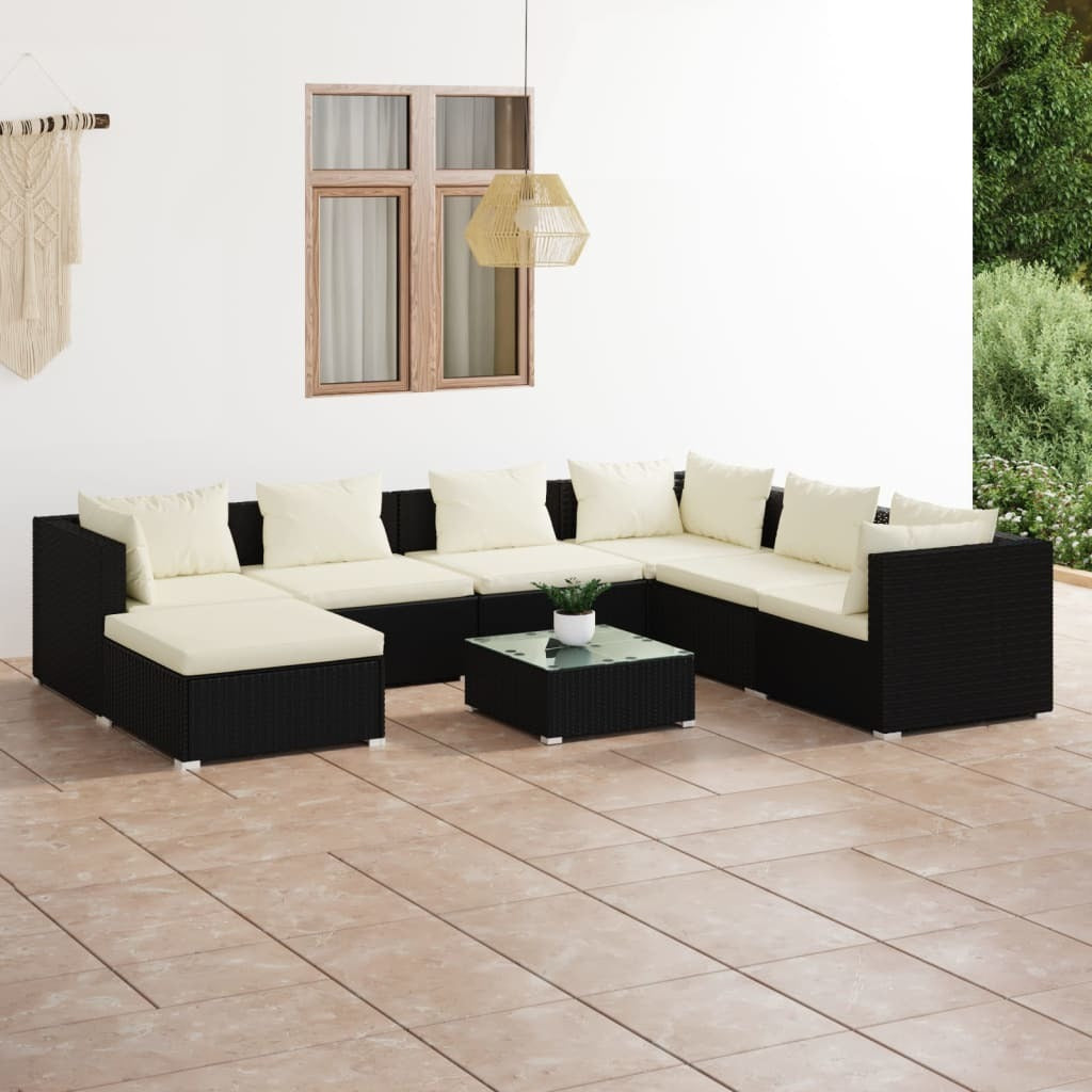 8 Piece Patio Lounge Set with Cushions Poly Rattan Black
