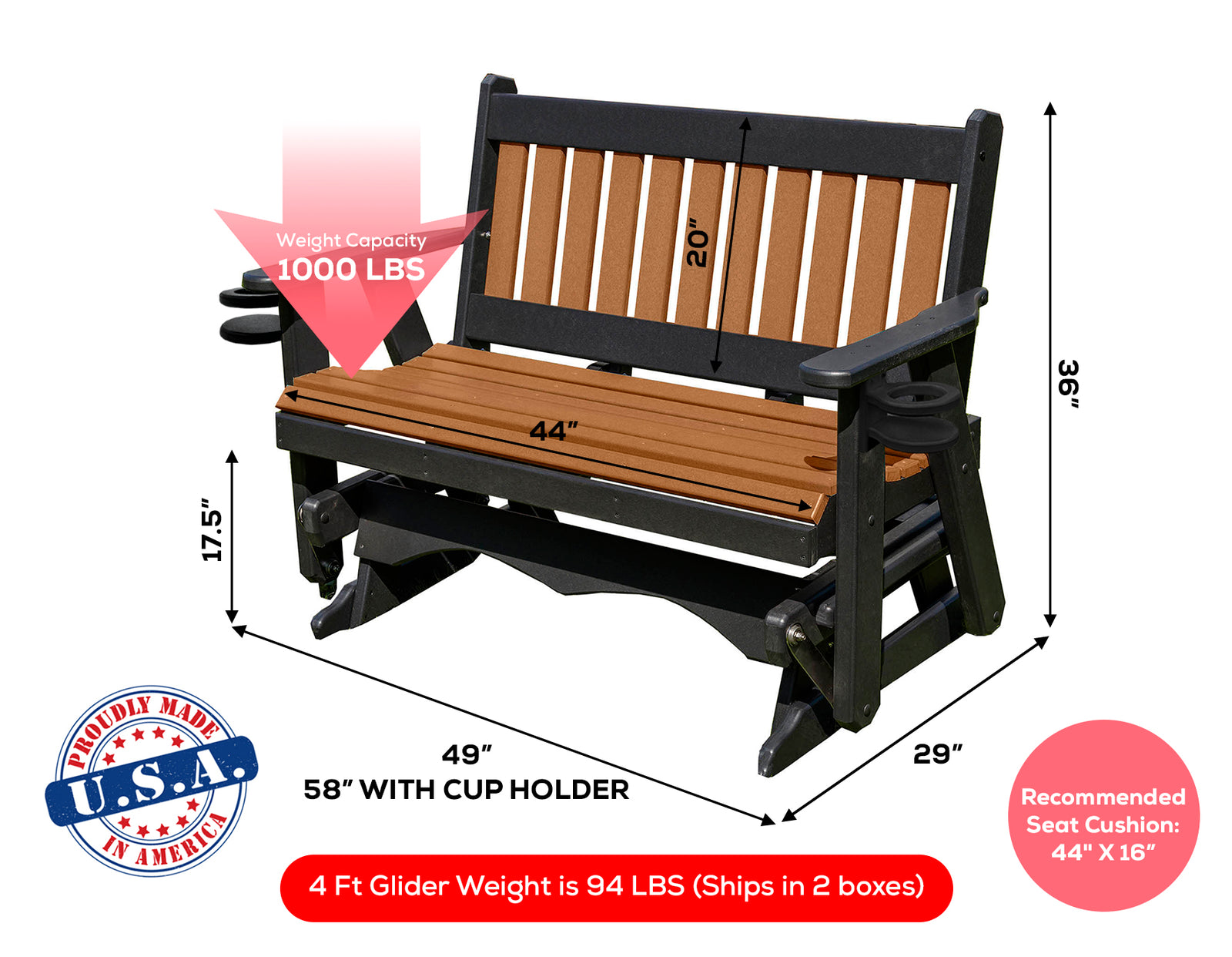 Glider Handmade by Amish Artisans in USA Poly Lumber wood Mission Series Porch Glider Heavy Duty Everlasting PolyTuf HDPE