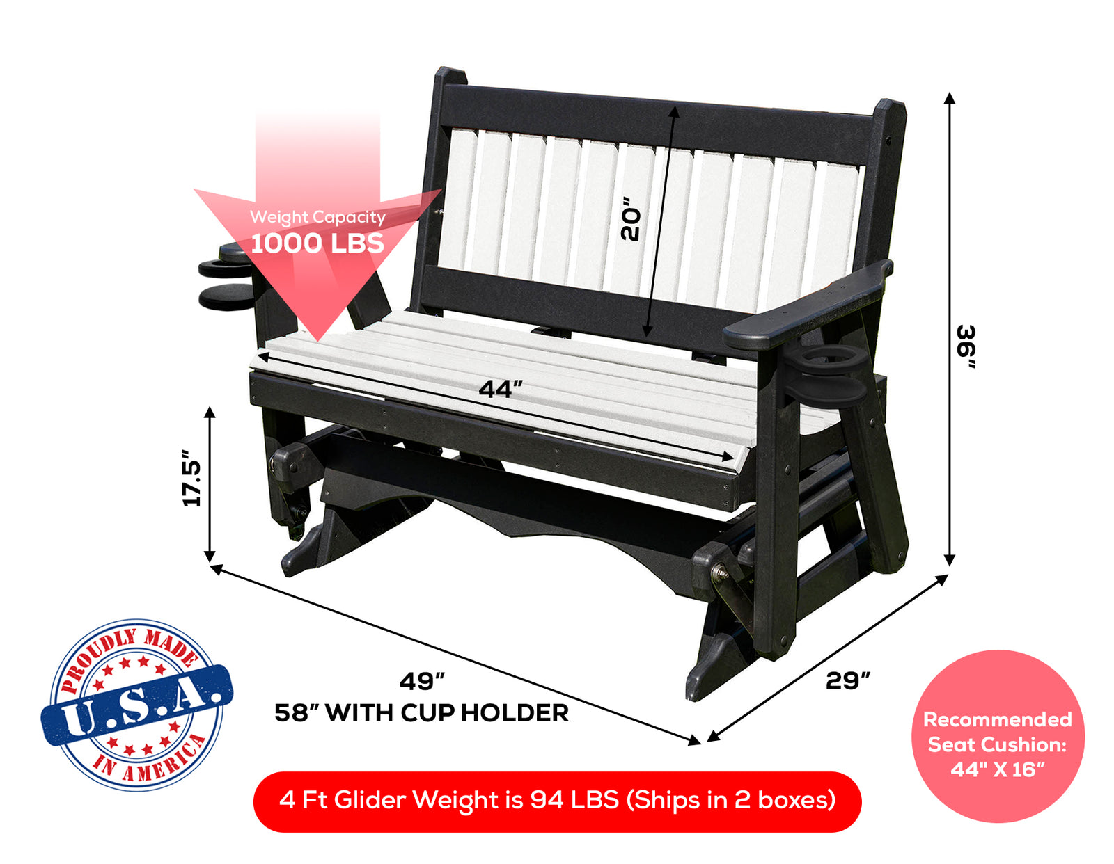 Glider Handmade by Amish Artisans in USA Poly Lumber wood Mission Series Porch Glider Heavy Duty Everlasting PolyTuf HDPE