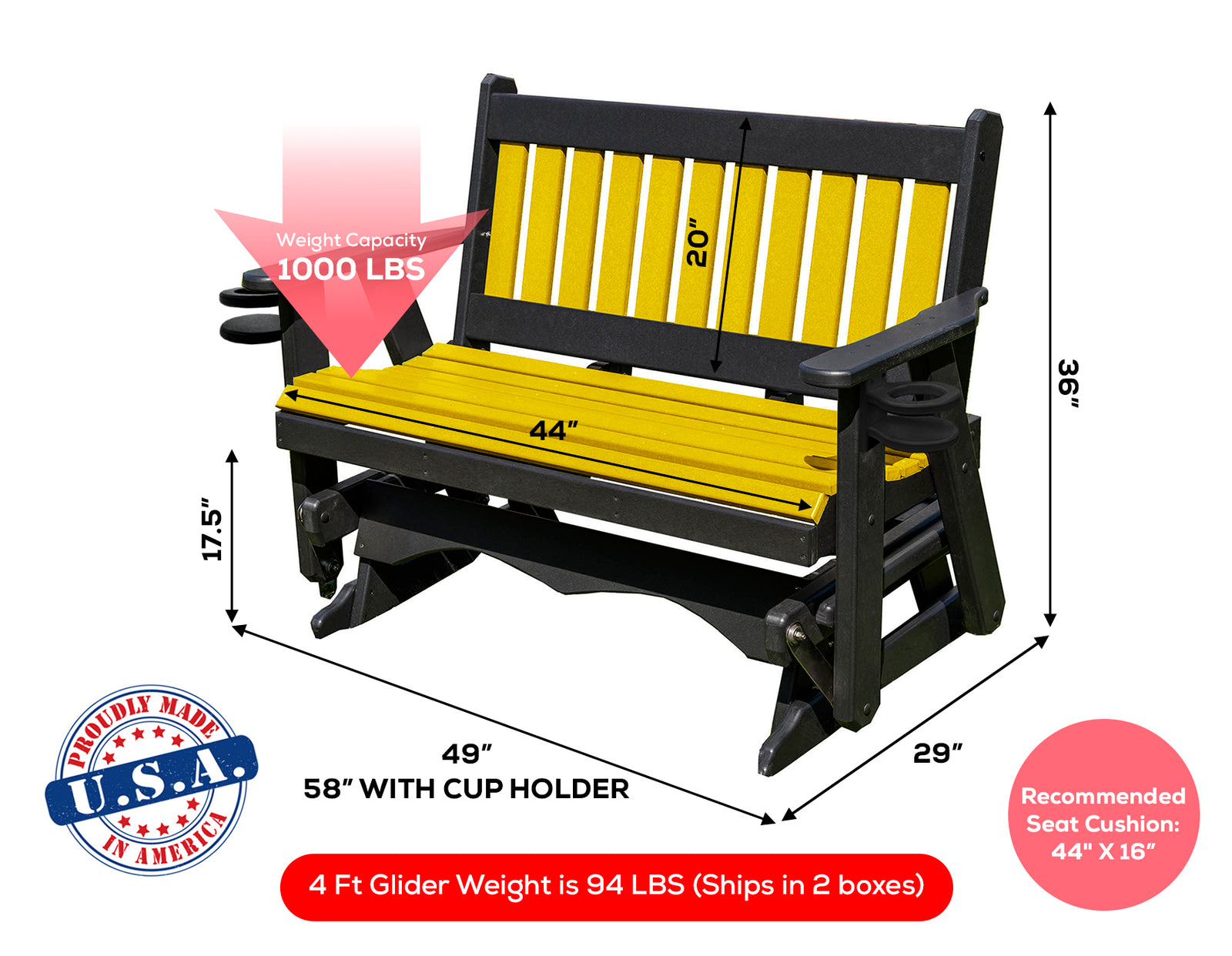 Glider Handmade by Amish Artisans in USA Poly Lumber wood Mission Series Porch Glider Heavy Duty Everlasting PolyTuf HDPE