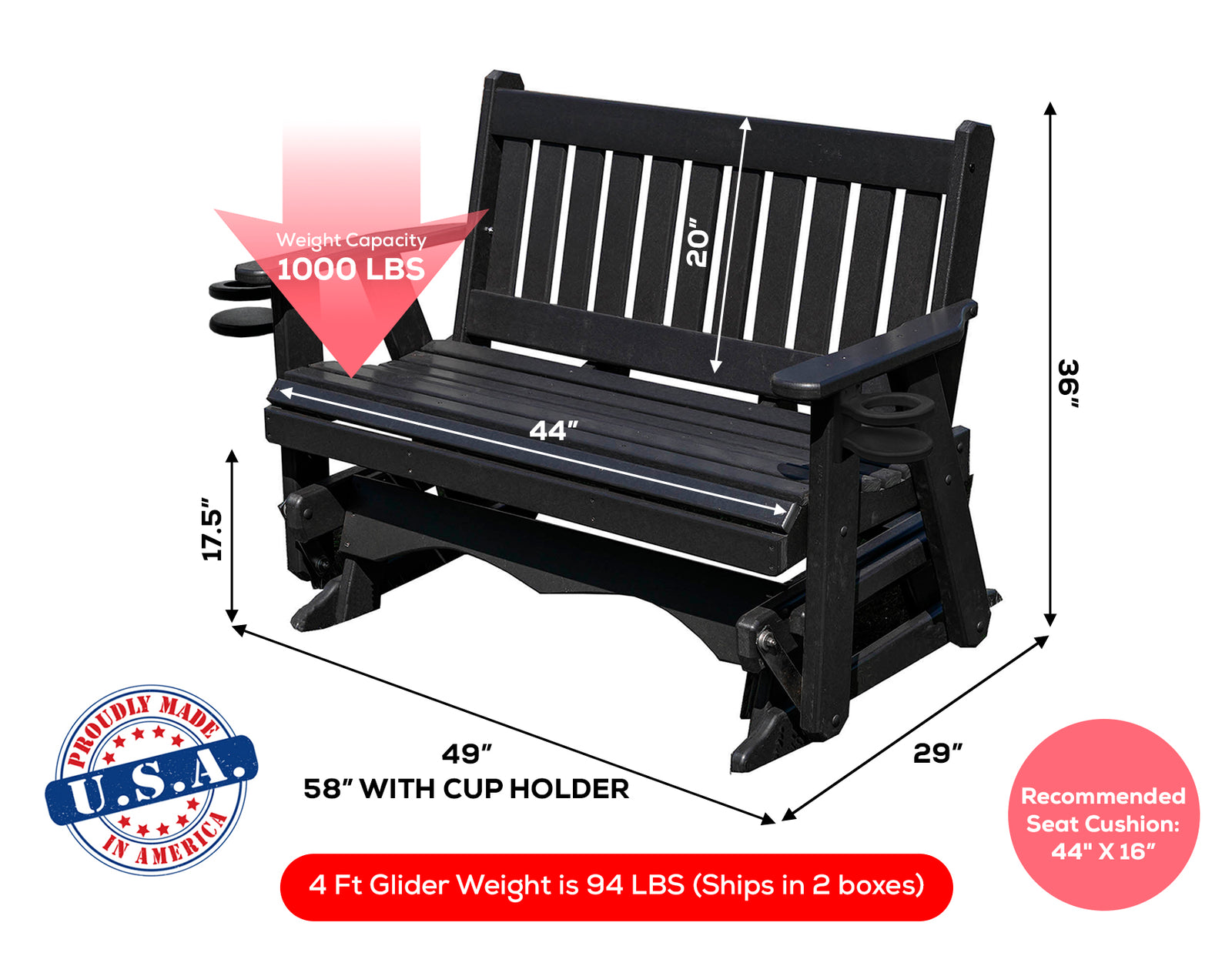 Glider Handmade by Amish Artisans in USA Poly Lumber wood Mission Series Porch Glider Heavy Duty Everlasting PolyTuf HDPE