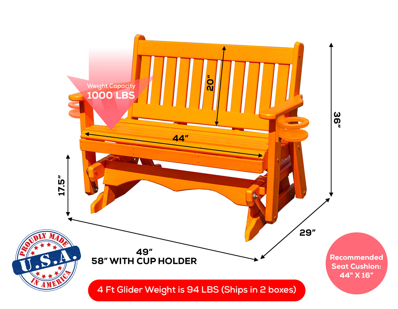 Amish Made Mission Series Poly Plastic Lumber Wood Glider Premium Colors Made in USA HDPE with No wood fibers Memorial Patio Porch Glider English design 1000 lbs Limit+G4:G5