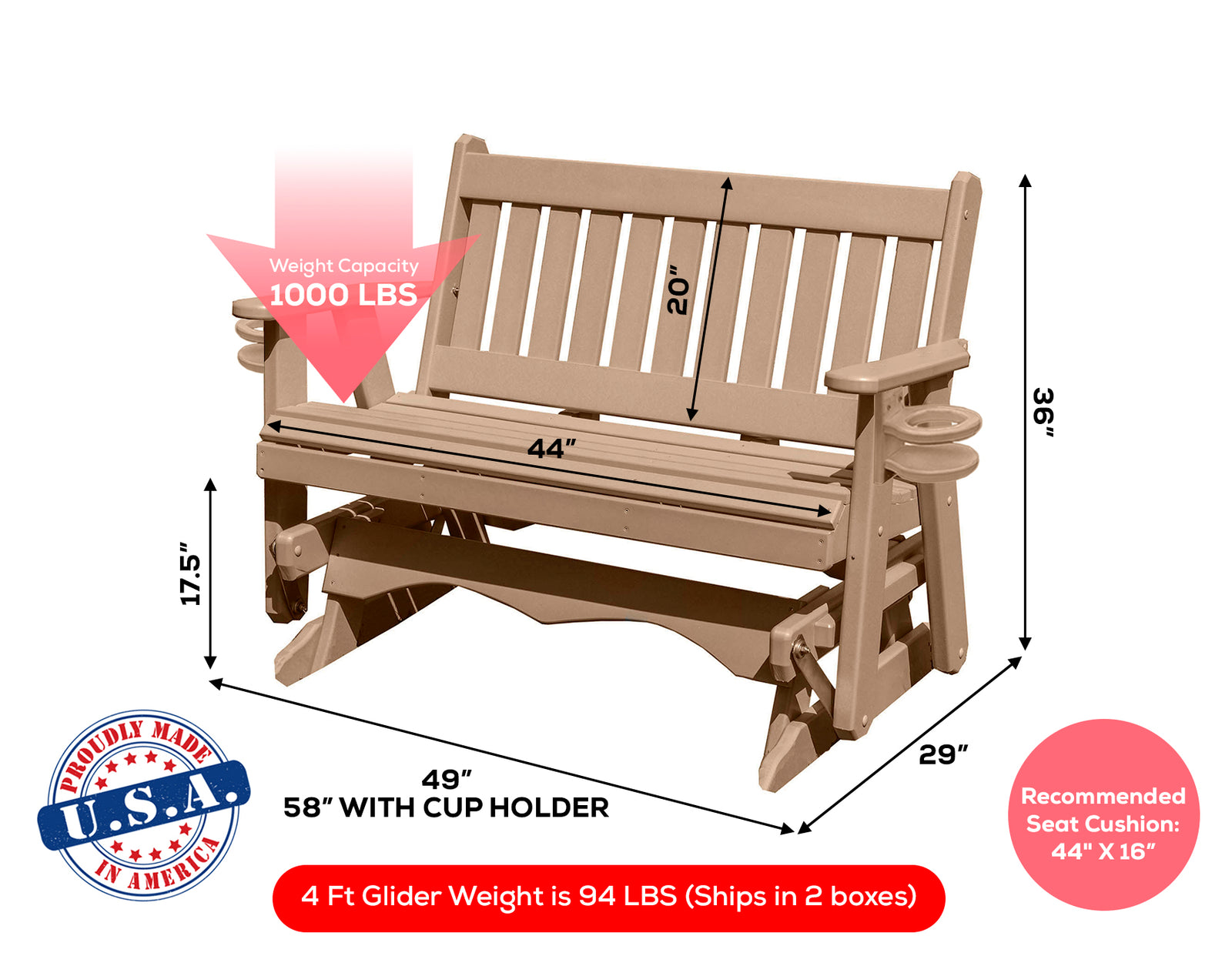 Amish Made Mission Series Poly Plastic Lumber Wood Glider Premium Colors Made in USA HDPE with No wood fibers Memorial Patio Porch Glider English design 1000 lbs Limit+G4:G5
