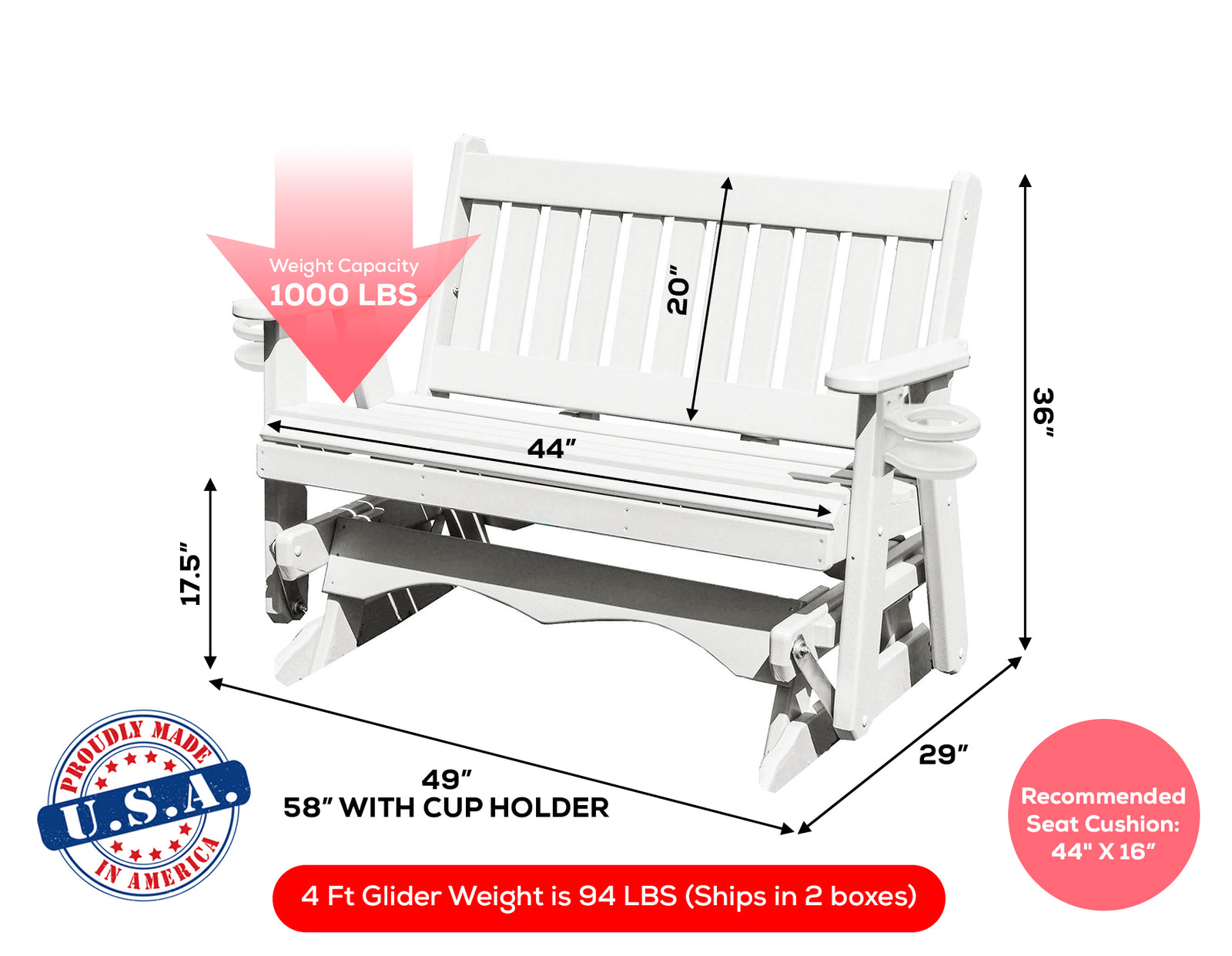 Amish Made Mission Series Poly Plastic Lumber Wood Glider Premium Colors Made in USA HDPE with No wood fibers Memorial Patio Porch Glider English design 1000 lbs Limit+G4:G5