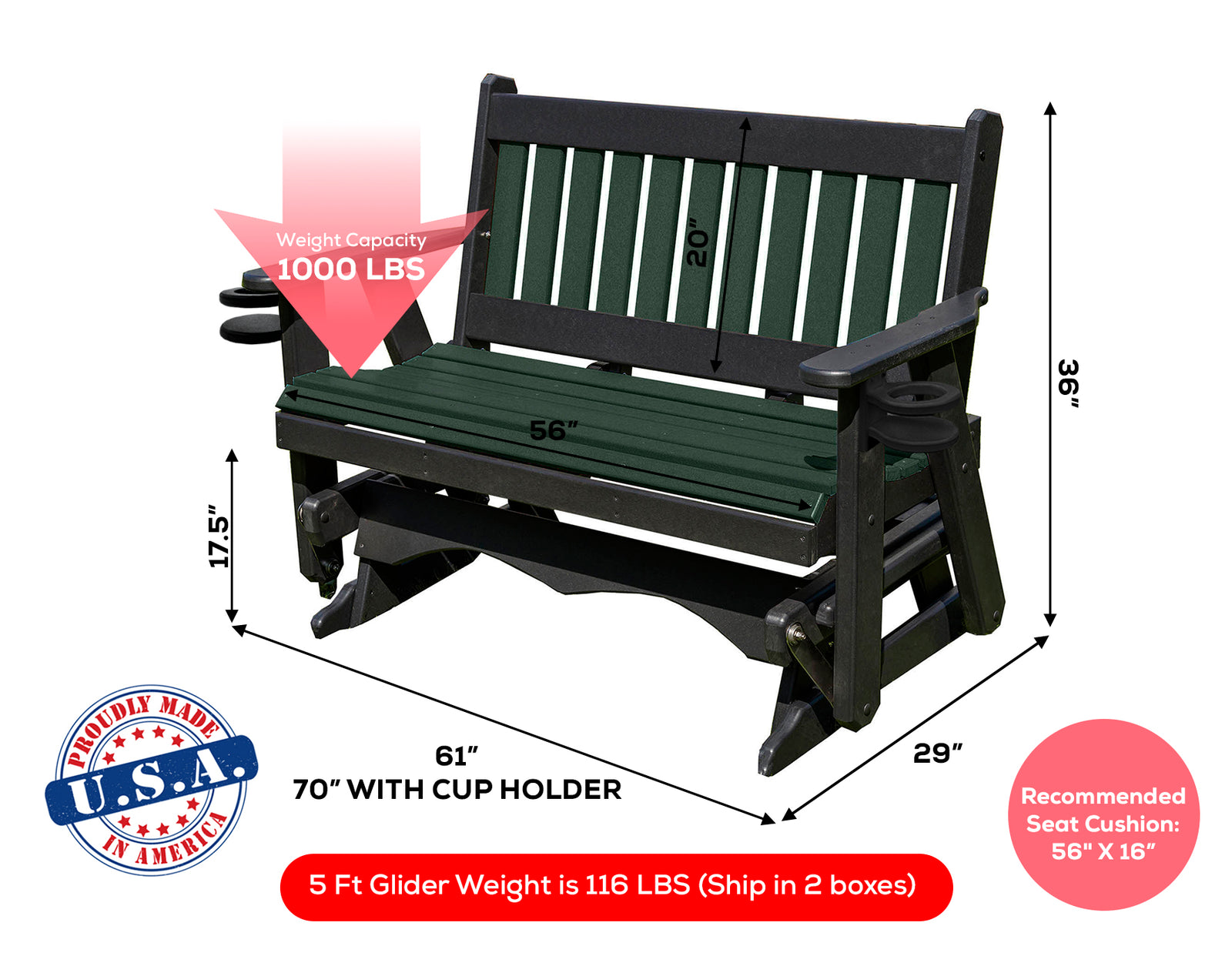 Glider Handmade by Amish Artisans in USA Poly Lumber wood Mission Series Porch Glider Heavy Duty Everlasting PolyTuf HDPE