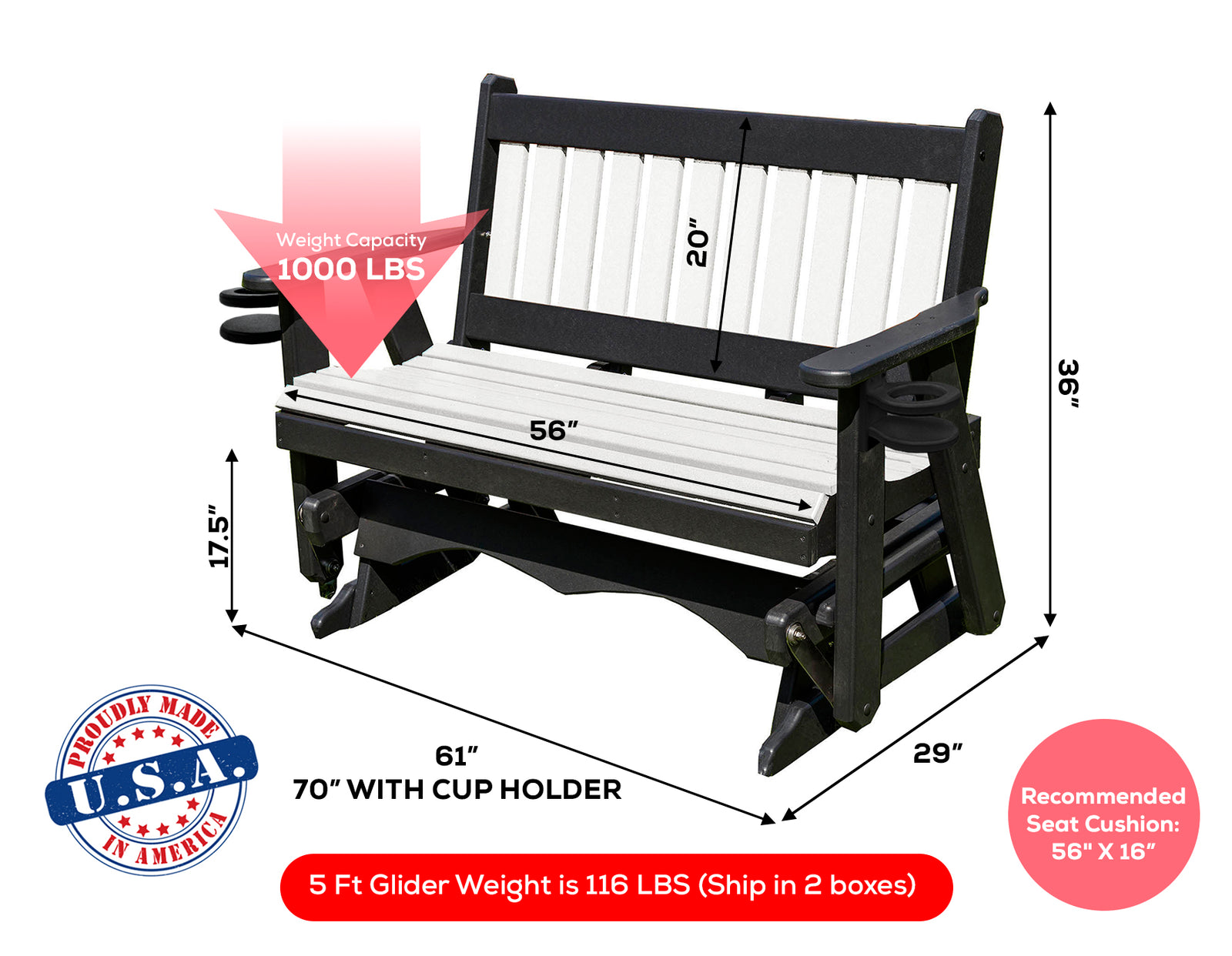 Glider Handmade by Amish Artisans in USA Poly Lumber wood Mission Series Porch Glider Heavy Duty Everlasting PolyTuf HDPE