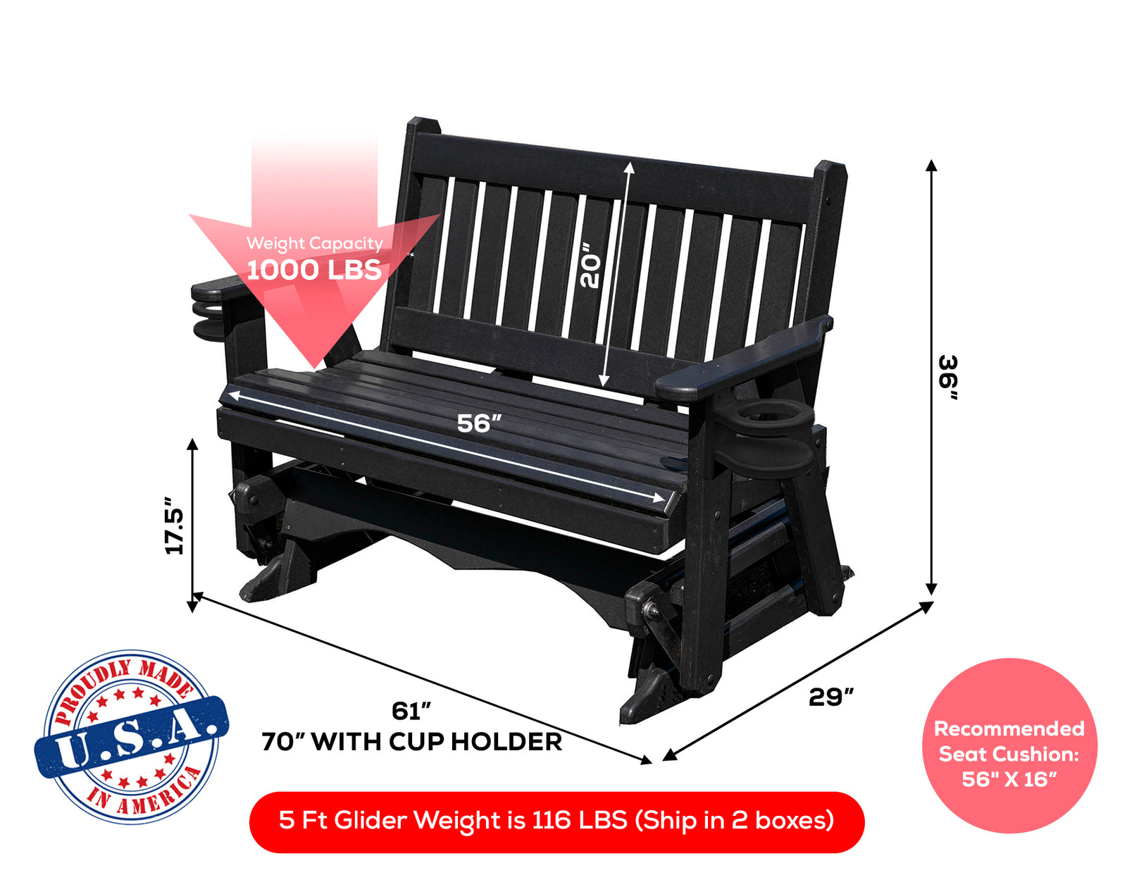 Amish Made Mission Series Poly Plastic Lumber Wood Glider Premium Colors Made in USA HDPE with No wood fibers Memorial Patio Porch Glider English design 1000 lbs Limit+G4:G5