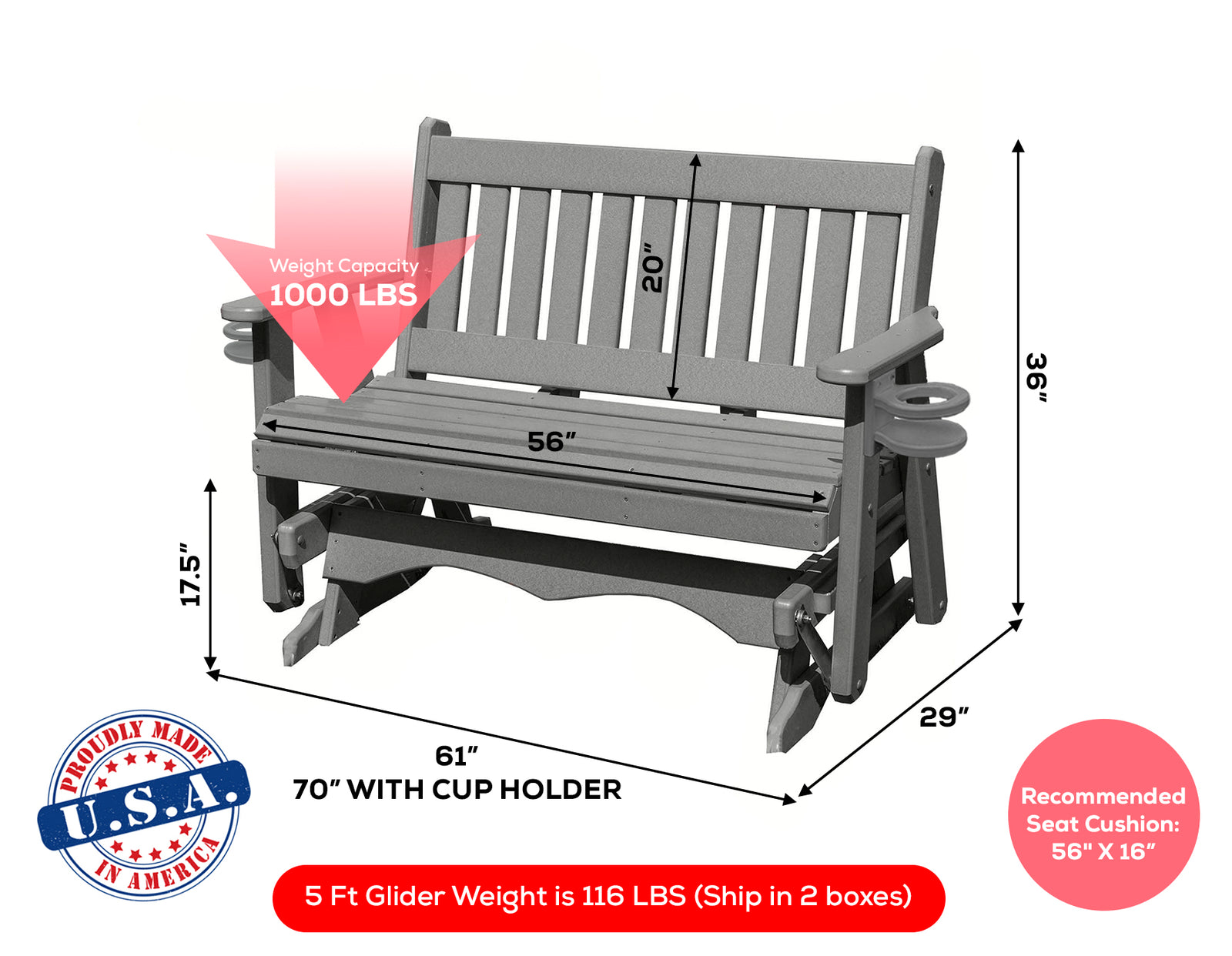 Amish Made Mission Series Poly Plastic Lumber Wood Glider Premium Colors Made in USA HDPE with No wood fibers Memorial Patio Porch Glider English design 1000 lbs Limit+G4:G5