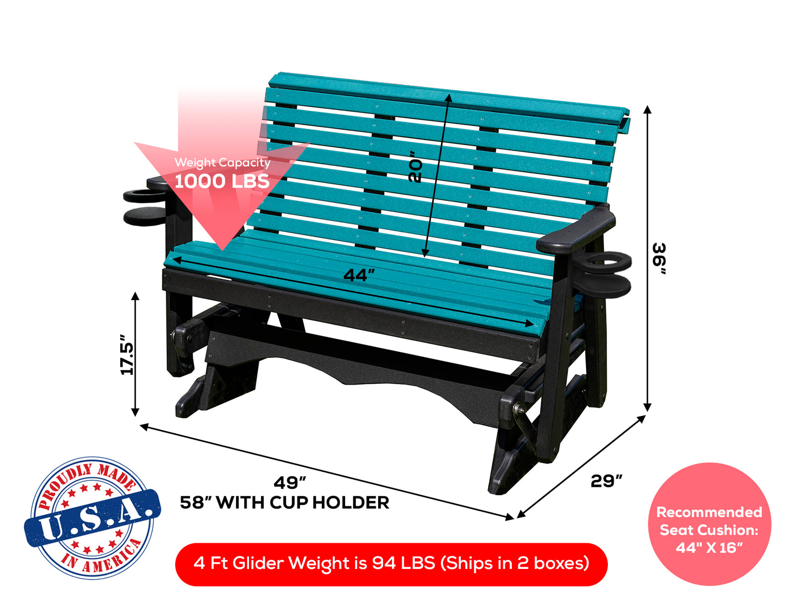 Glider Handmade by Amish Artisans in USA Poly Lumber wood Lancaster series Roll Back Porch Glider Heavy Duty Everlasting PolyTuf HDPE