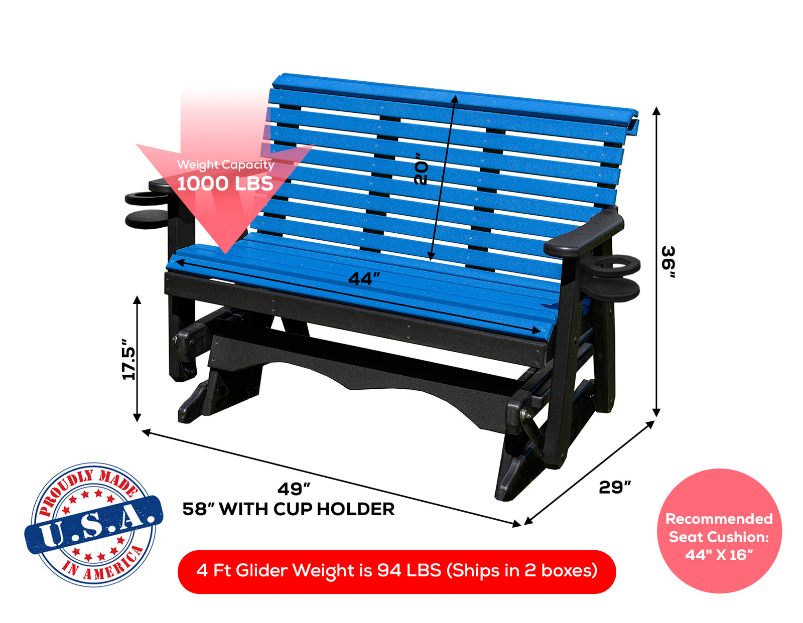 Glider Handmade by Amish Artisans in USA Poly Lumber wood Lancaster series Roll Back Porch Glider Heavy Duty Everlasting PolyTuf HDPE