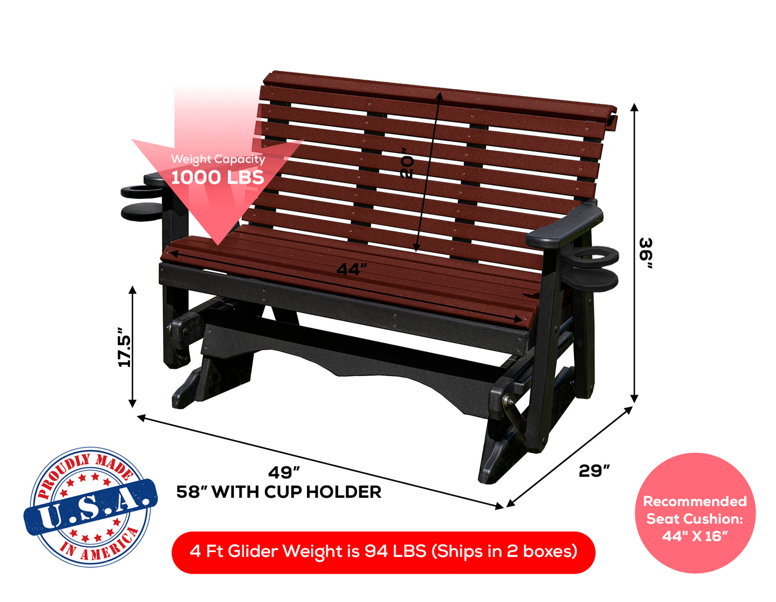 Glider Handmade by Amish Artisans in USA Poly Lumber wood Lancaster series Roll Back Porch Glider Heavy Duty Everlasting PolyTuf HDPE