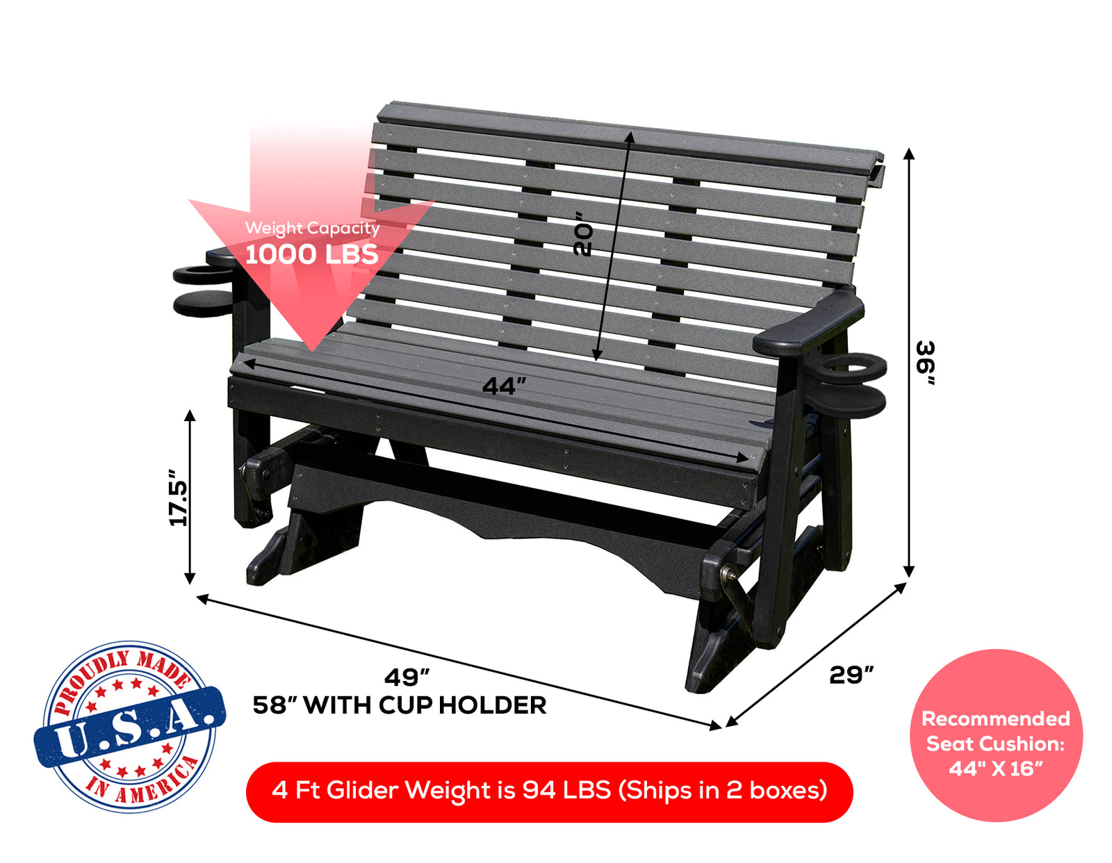 Glider Handmade by Amish Artisans in USA Poly Lumber wood Lancaster series Roll Back Porch Glider Heavy Duty Everlasting PolyTuf HDPE