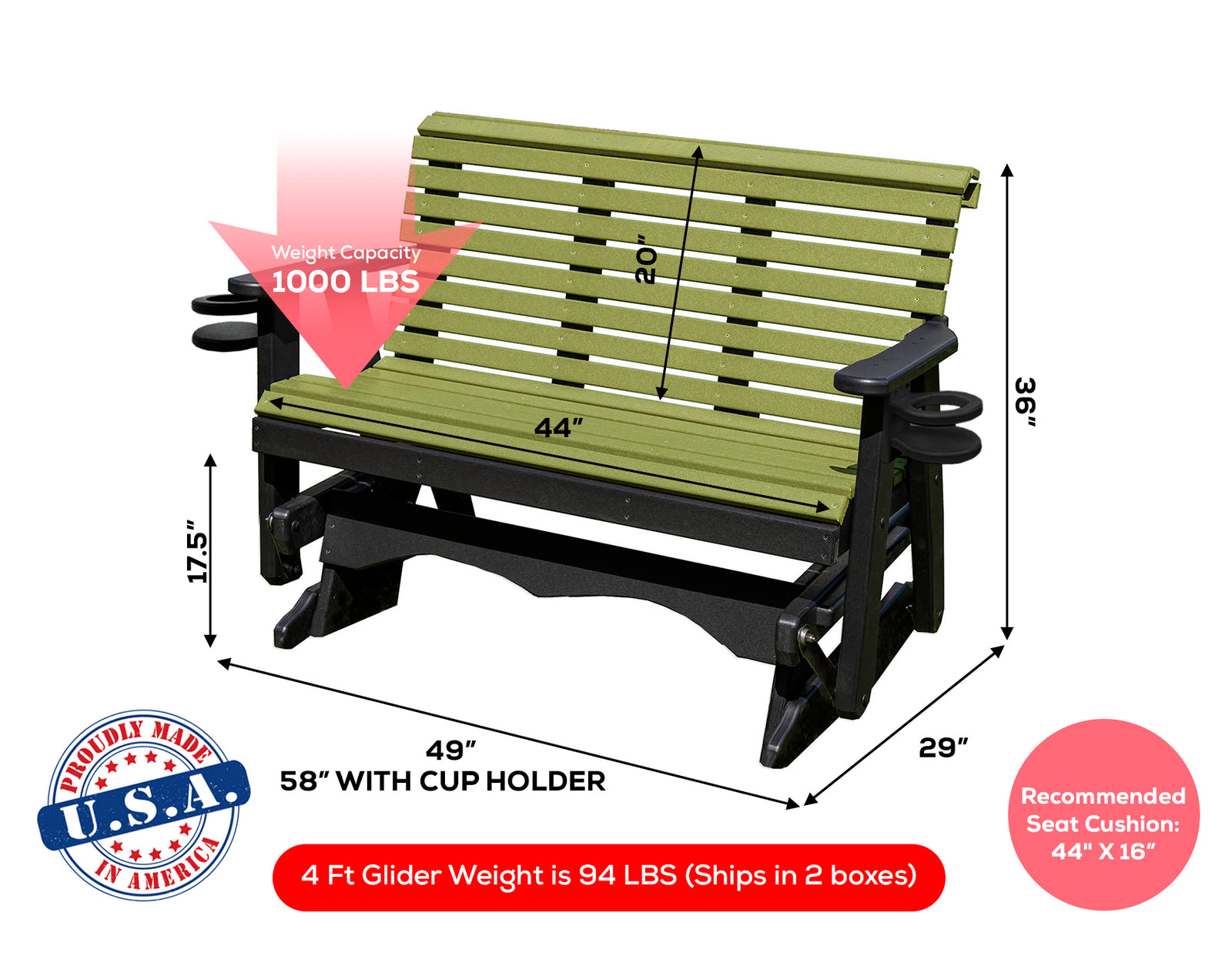 Glider Handmade by Amish Artisans in USA Poly Lumber wood Lancaster series Roll Back Porch Glider Heavy Duty Everlasting PolyTuf HDPE