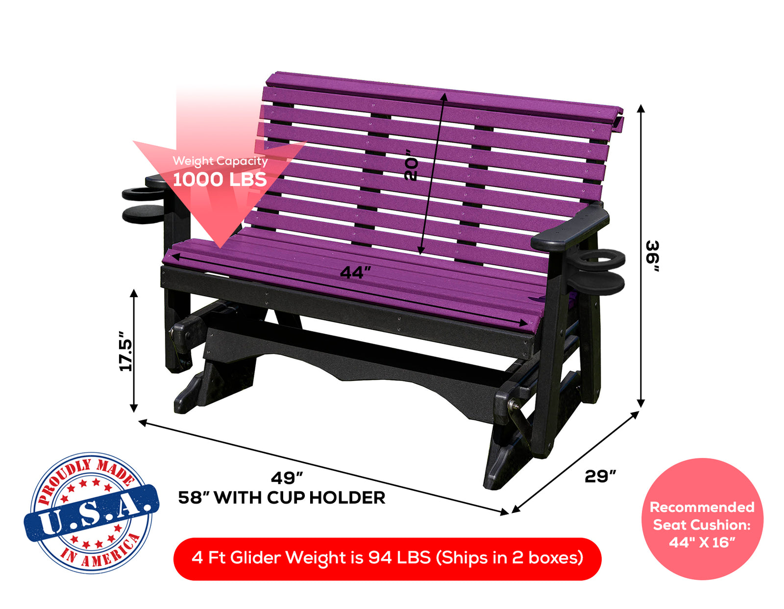 Glider Handmade by Amish Artisans in USA Poly Lumber wood Lancaster series Roll Back Porch Glider Heavy Duty Everlasting PolyTuf HDPE