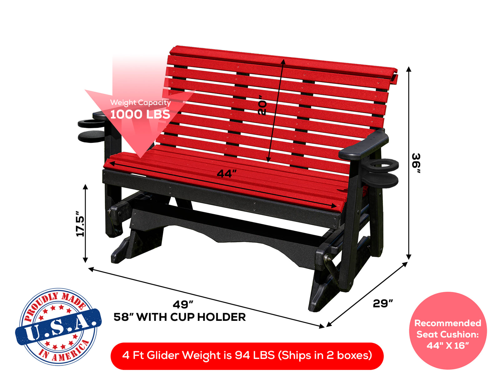 Glider Handmade by Amish Artisans in USA Poly Lumber wood Lancaster series Roll Back Porch Glider Heavy Duty Everlasting PolyTuf HDPE